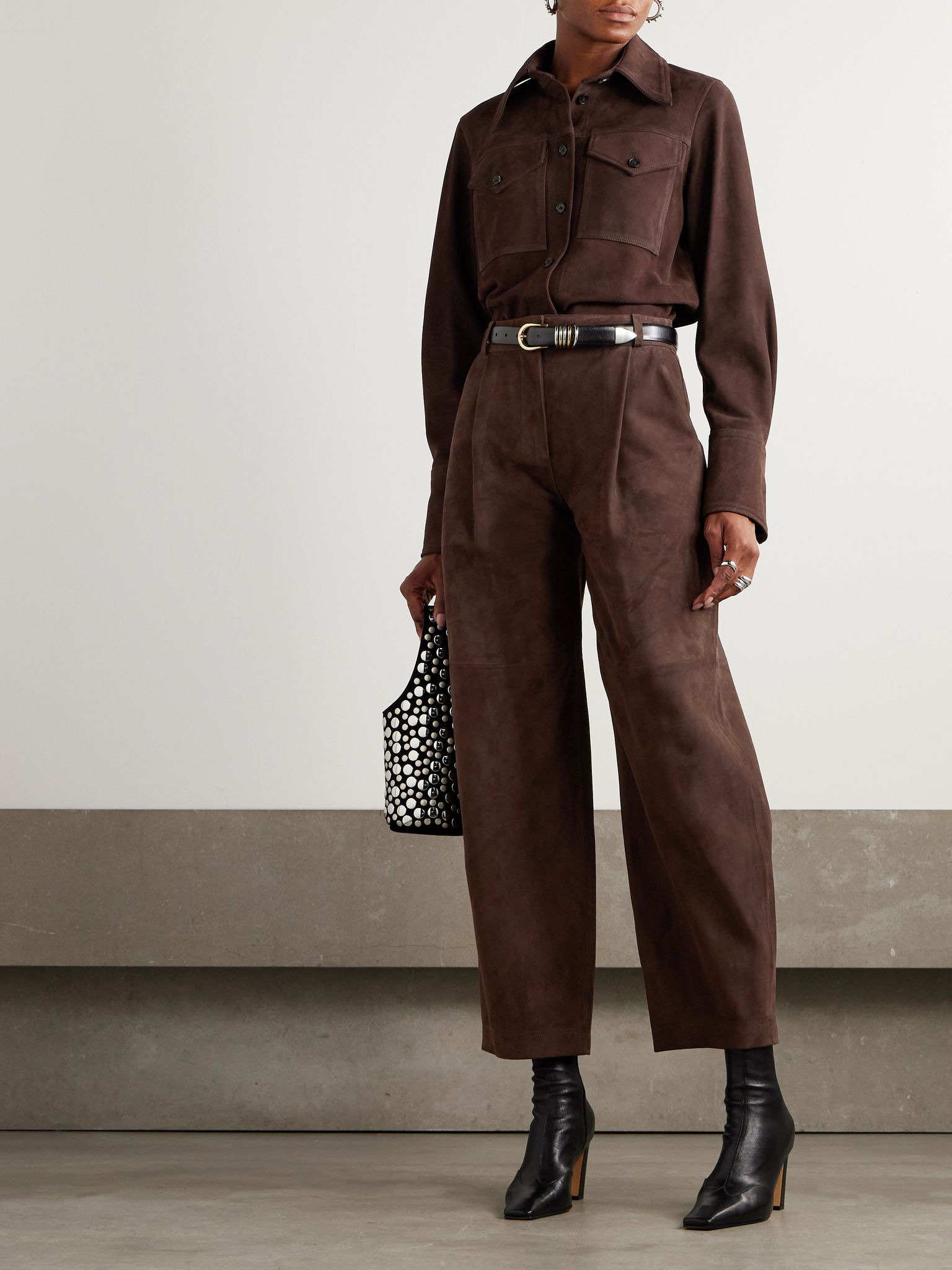 Cropped suede barrel-leg pants Brown - 2