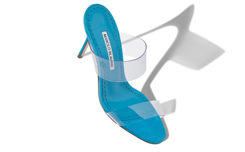 Manolo Blahnik Bright Blue Suede and ECO PVC Open Toe Mules outlook
