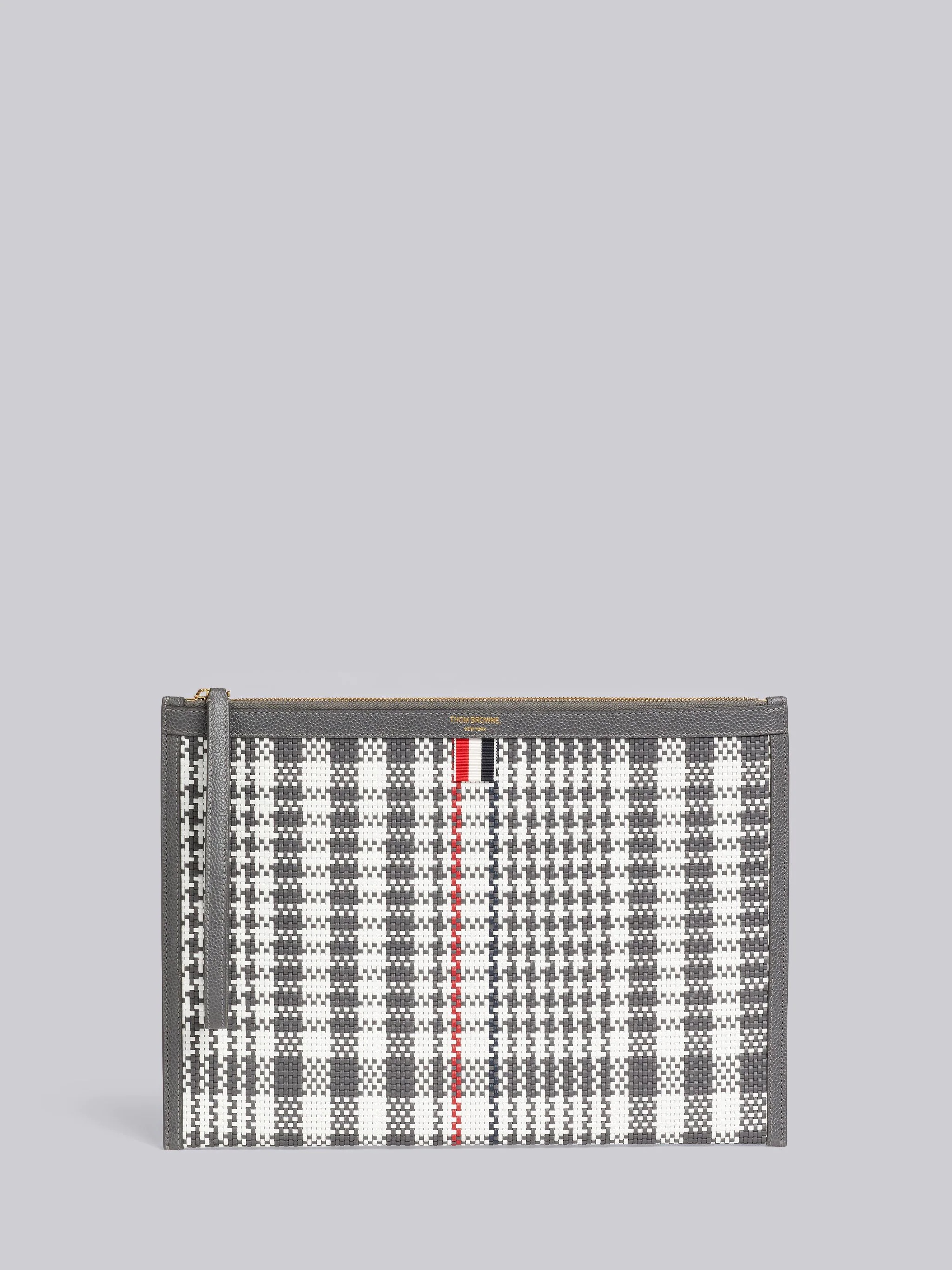 Dark Grey Calf Check Weaving Leather Frame Medium Document Holder With Wristlet - 1