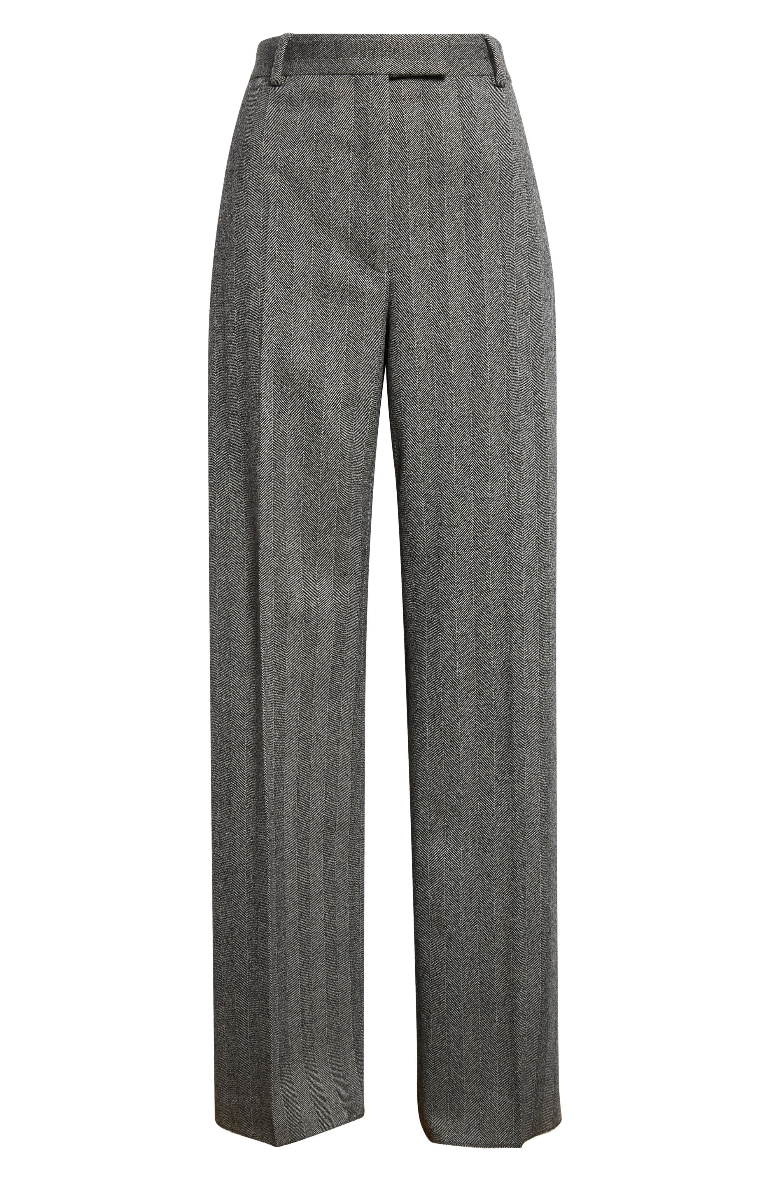 FERRAGAMO Herringbone Virgin Wool Blend Wide Leg Trousers in Nero/White Sand at Nordstrom - 6