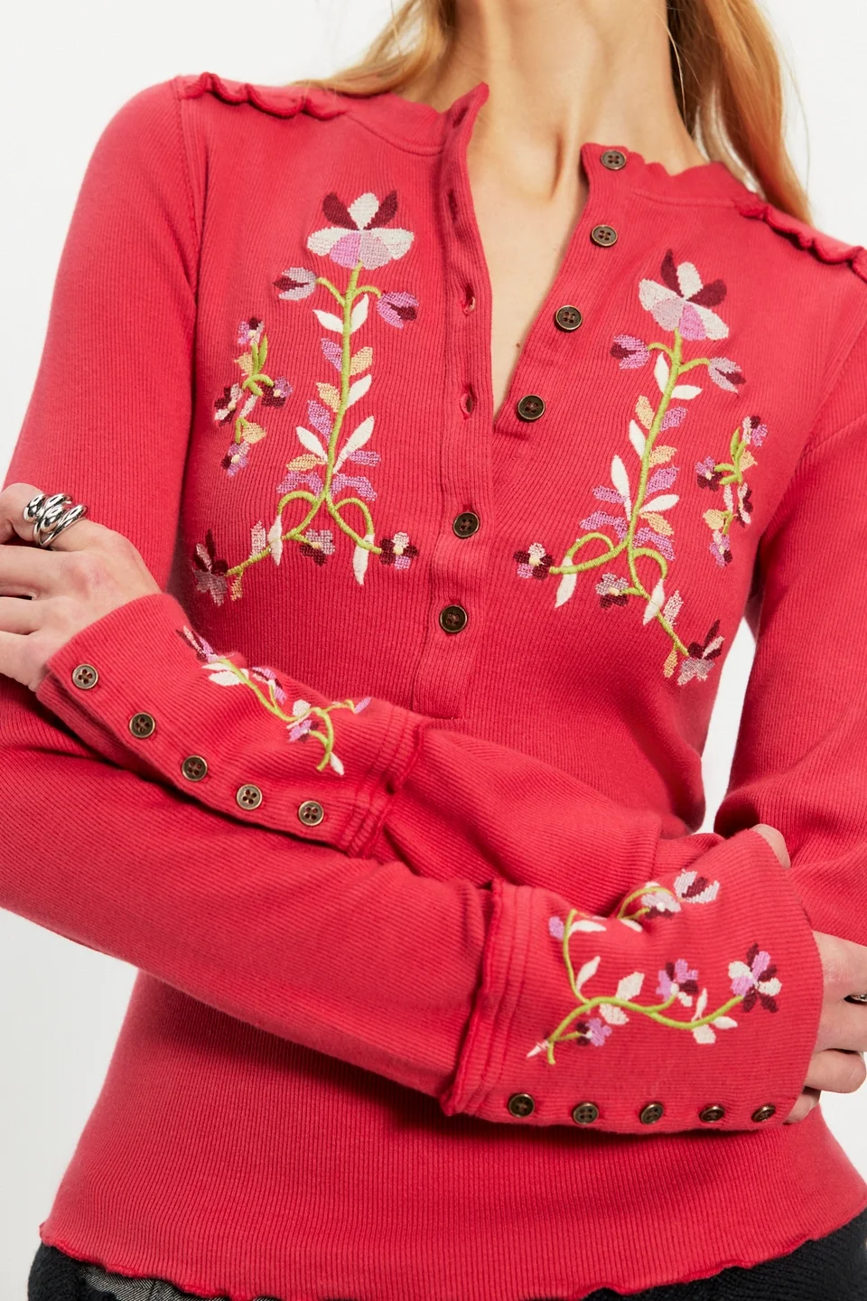 Fleur Embroidered Cuff Henley - 1