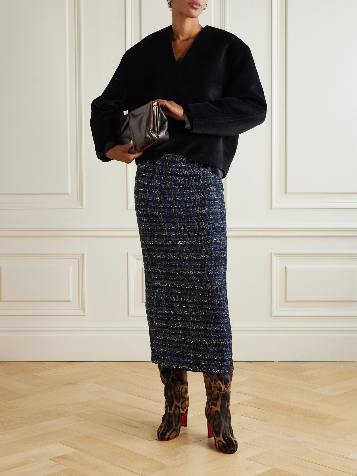 Sequin-embellished Metallic Tweed Midi Skirt - 2