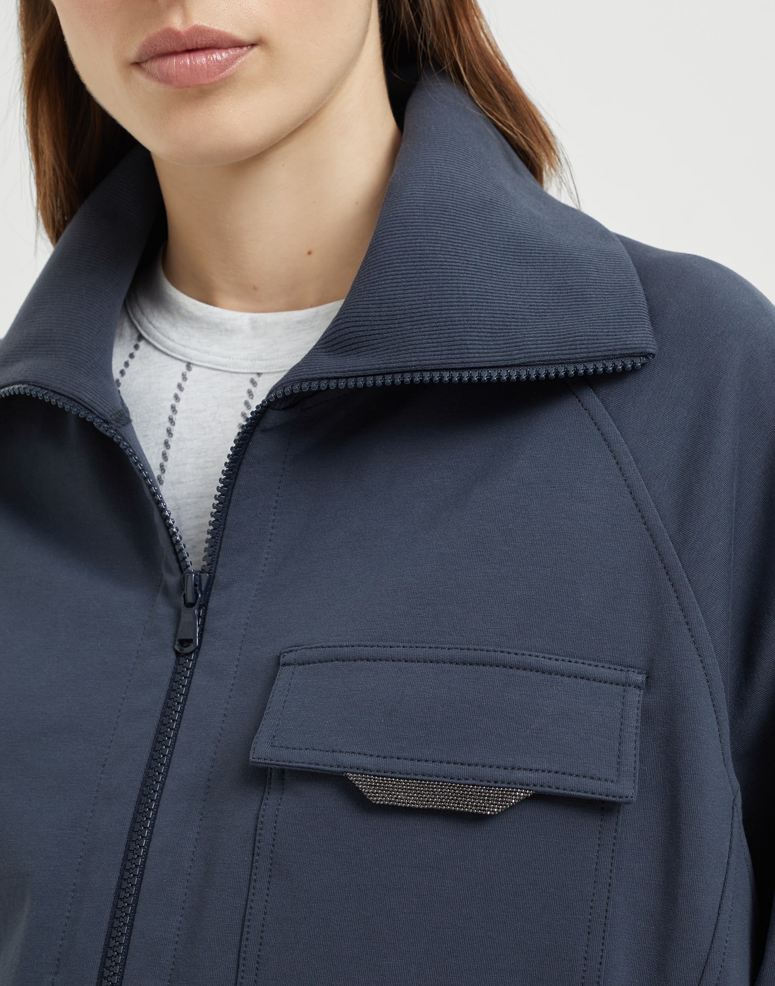 Stretch cotton lightweight French terry sweatshirt with zip and shiny flap detail - 3