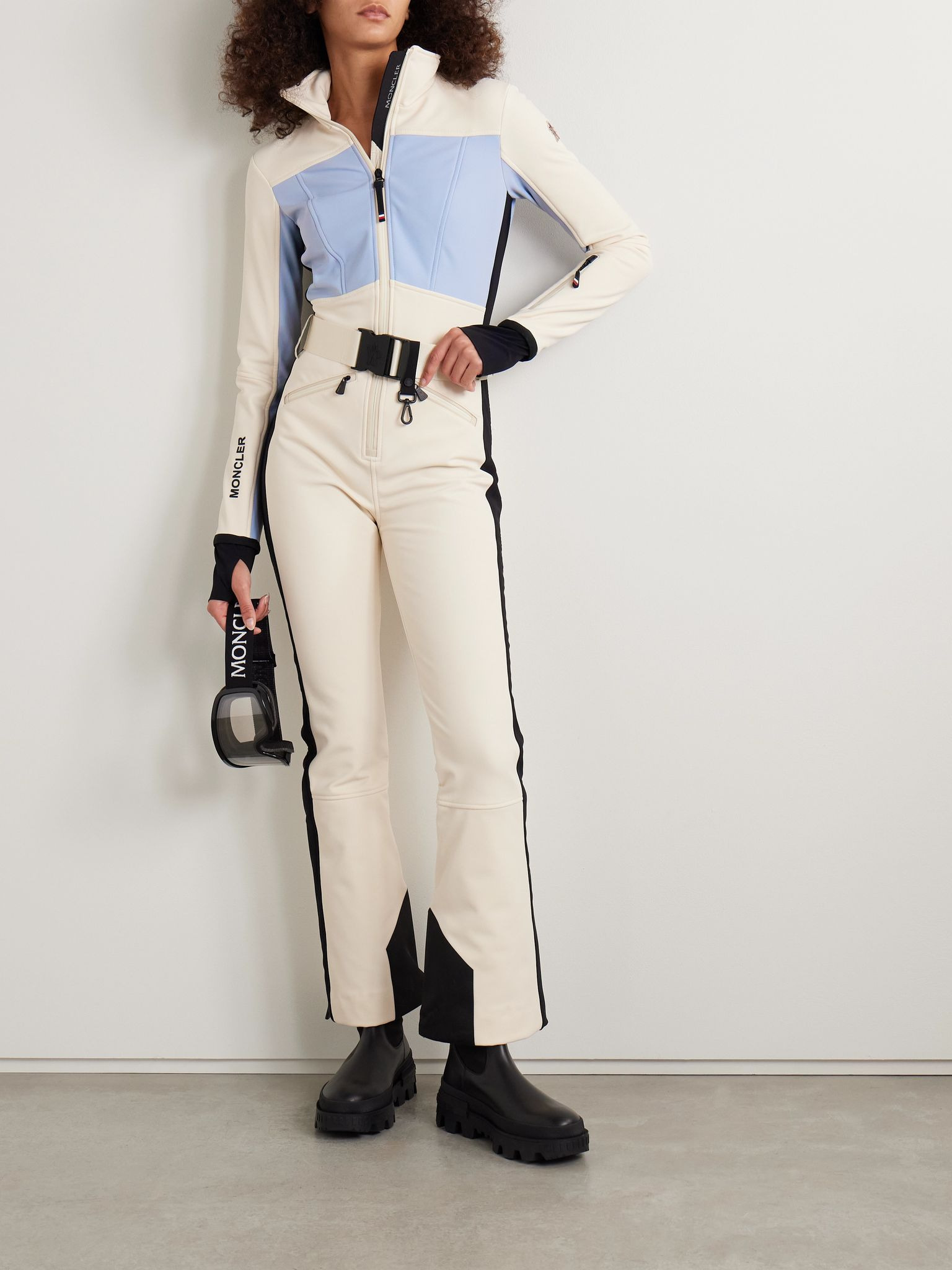 Belted color-block ski suit Ecru - 2