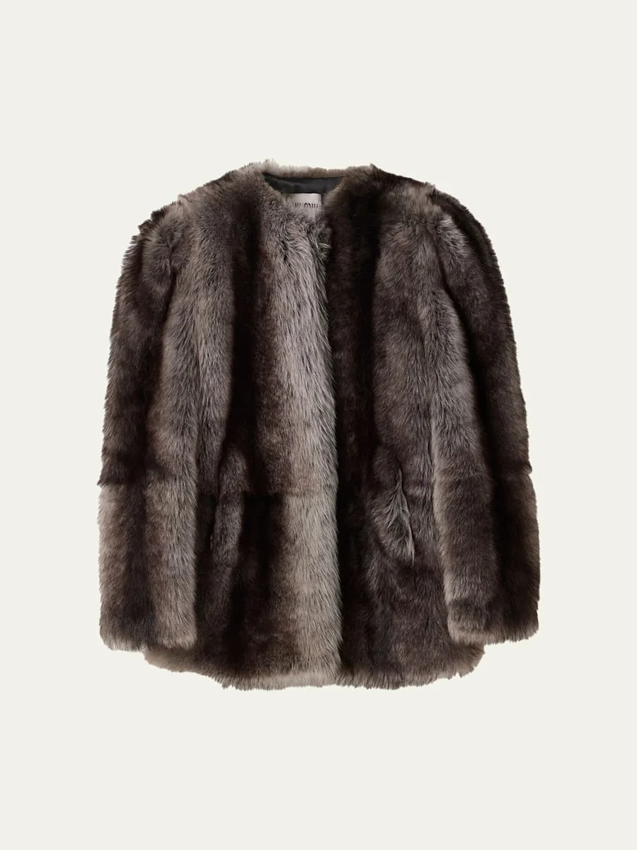 Puff-Sleeve Lamb-Shearling Collarless Coat - 1