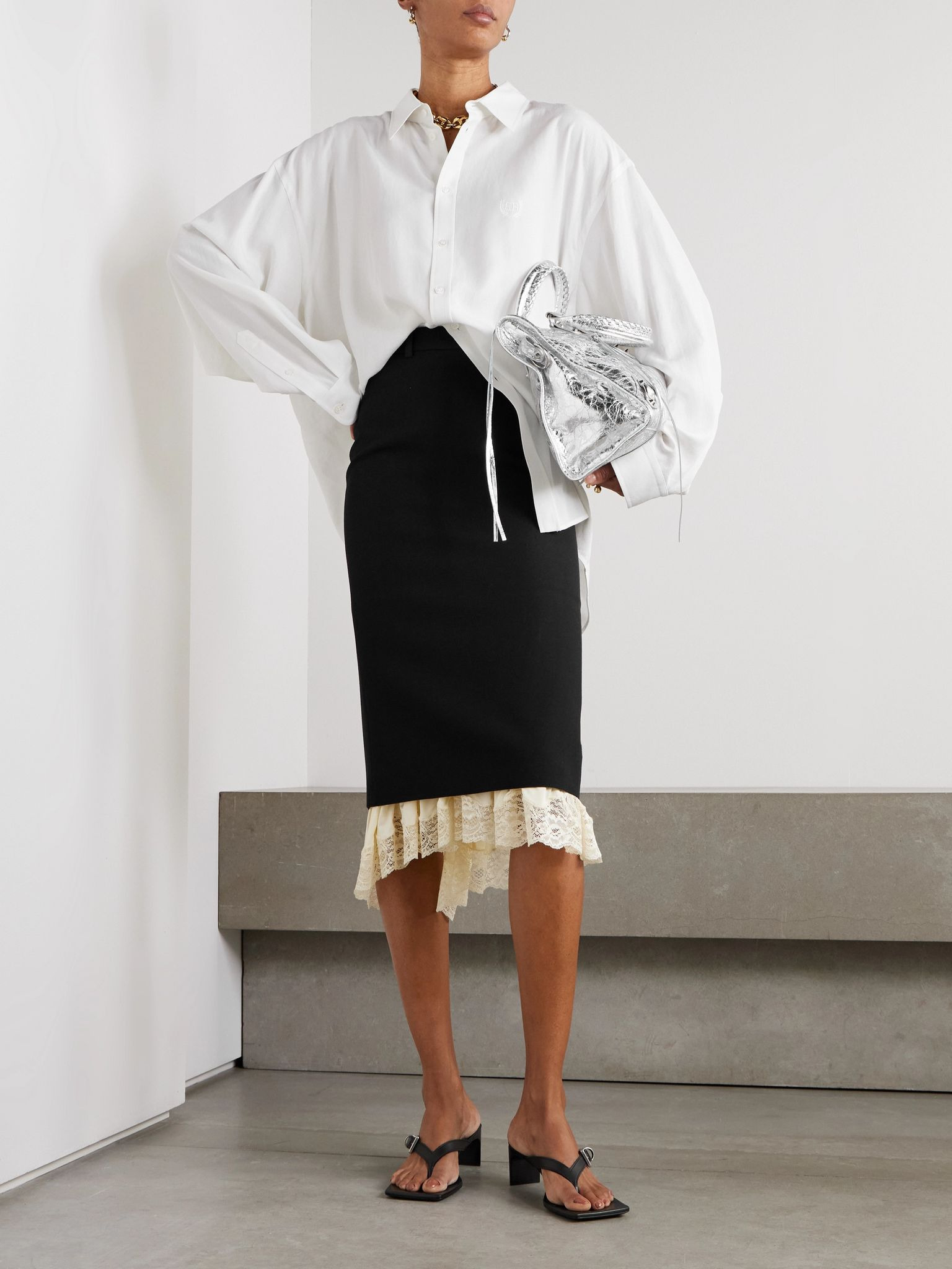 Lace-trimmed wool midi skirt Black - 2