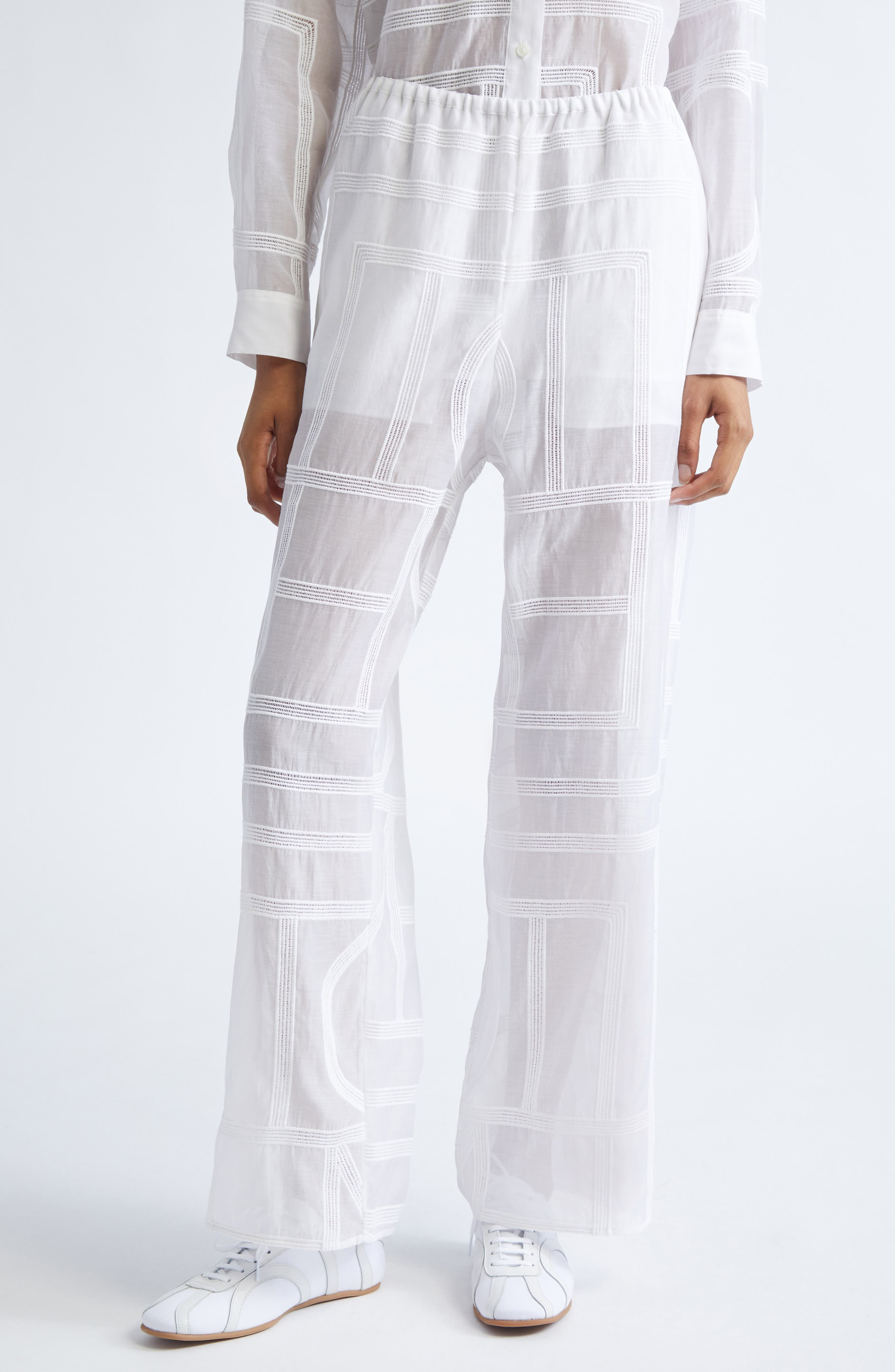 TOTEME Monogram Open Stitch Organic Cotton & Silk PJ Bottoms in White at Nordstrom - 1