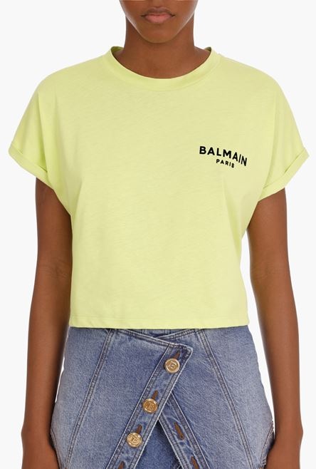 Cropped lime green cotton T-shirt with black flocked Balmain logo - 5