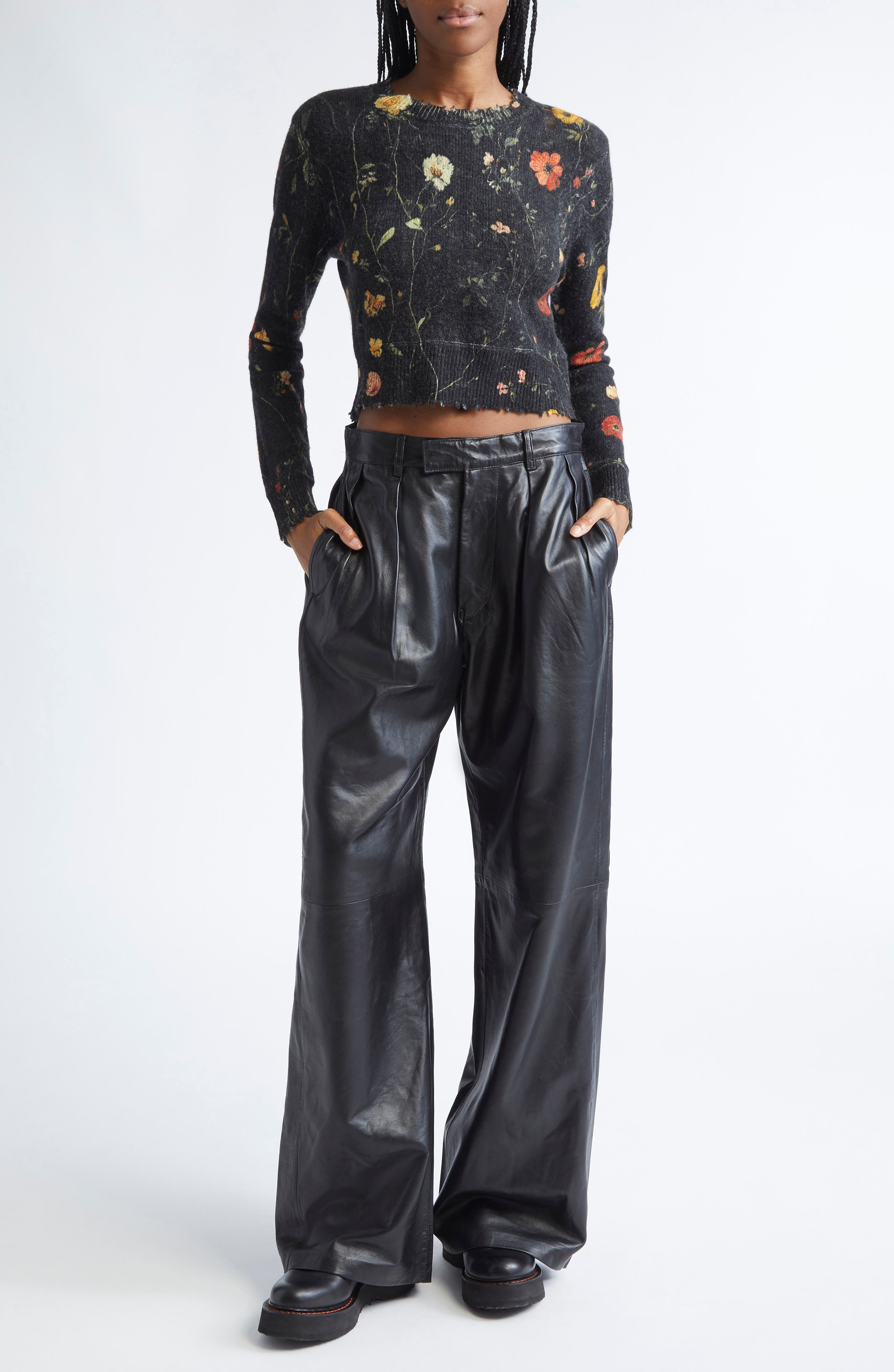 R13 Pleated Wide Leg Leather Pants in Black at Nordstrom - 8