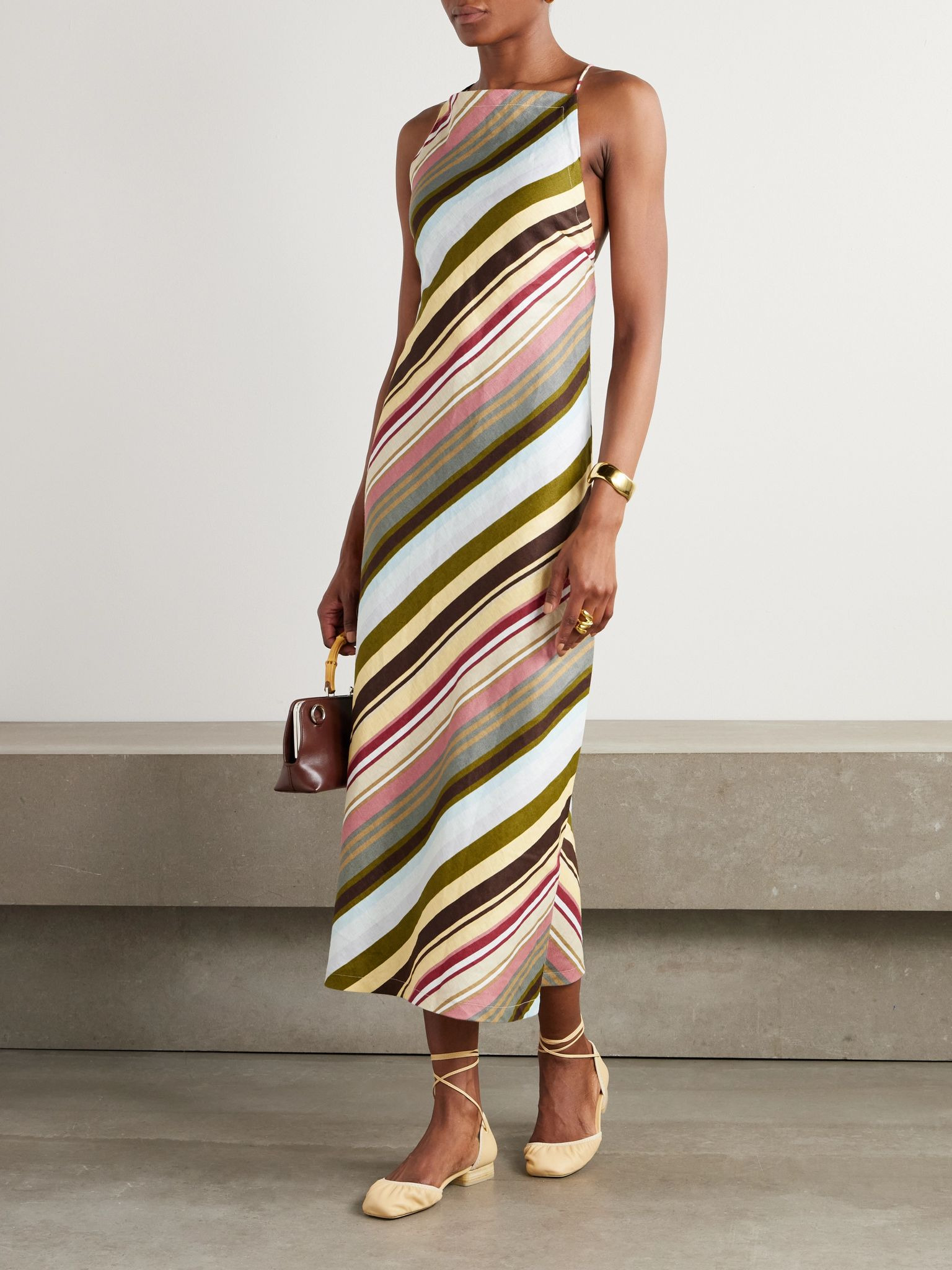 Antibes open-back striped linen halterneck midi dress Green - 2