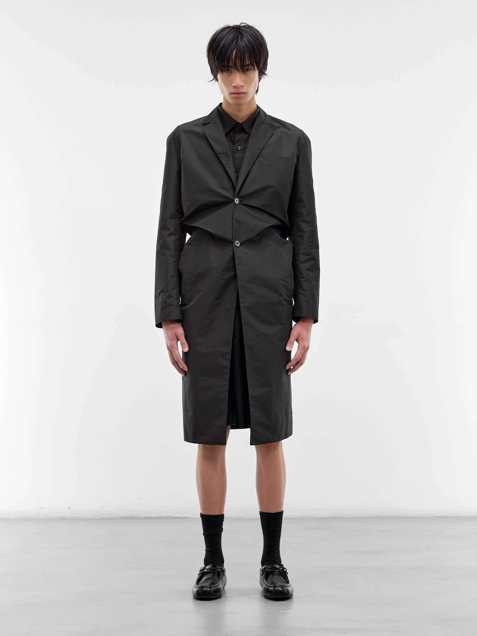 Black Asymmetric Gathered Coat - 1