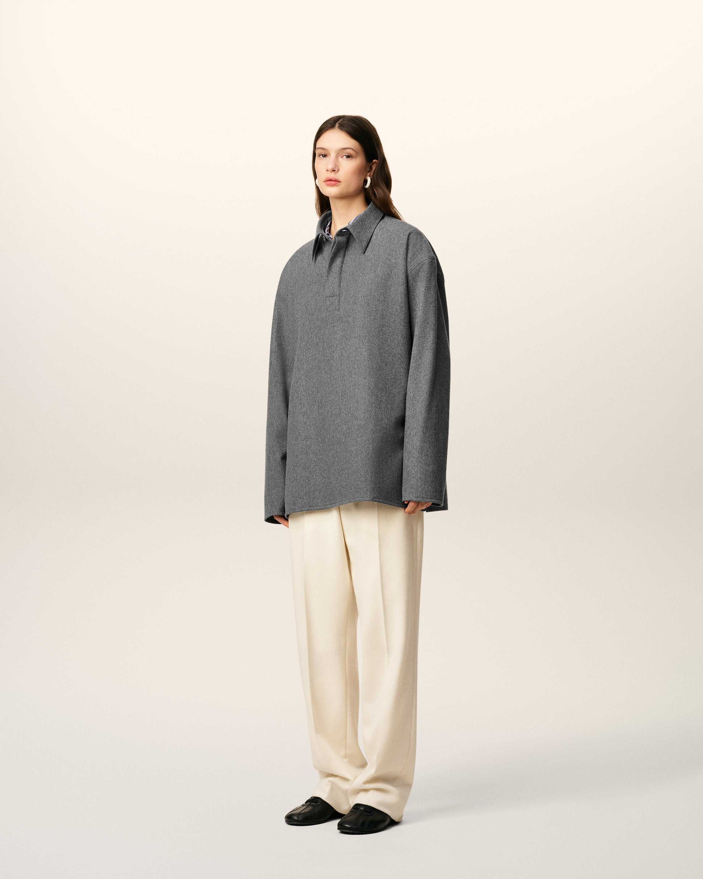 GREY WOOL  LONG  SLEEVES POLO SHIRT - 6