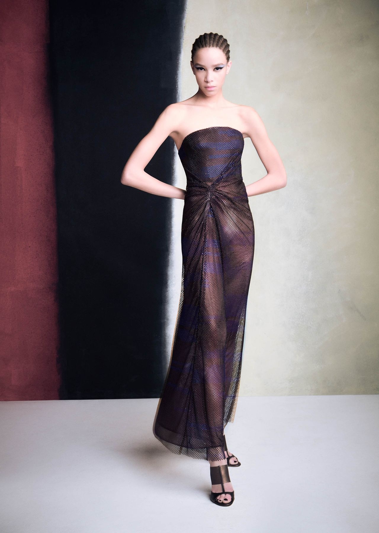Printed bodice long dress with all-over decorative crystals - 7