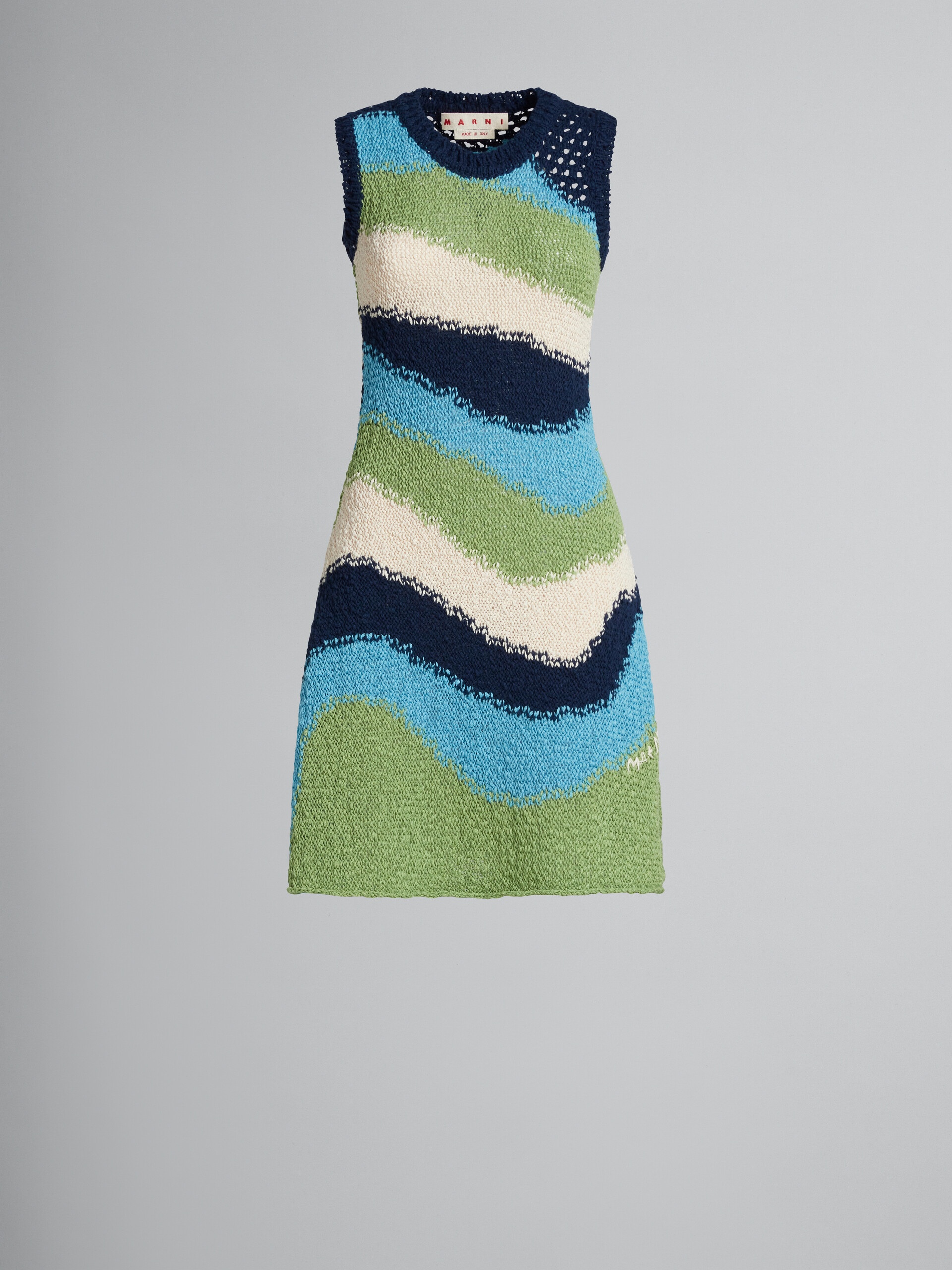 BLUE KNITTED COTTON DRESS WITH WAVY STRIPES - 1