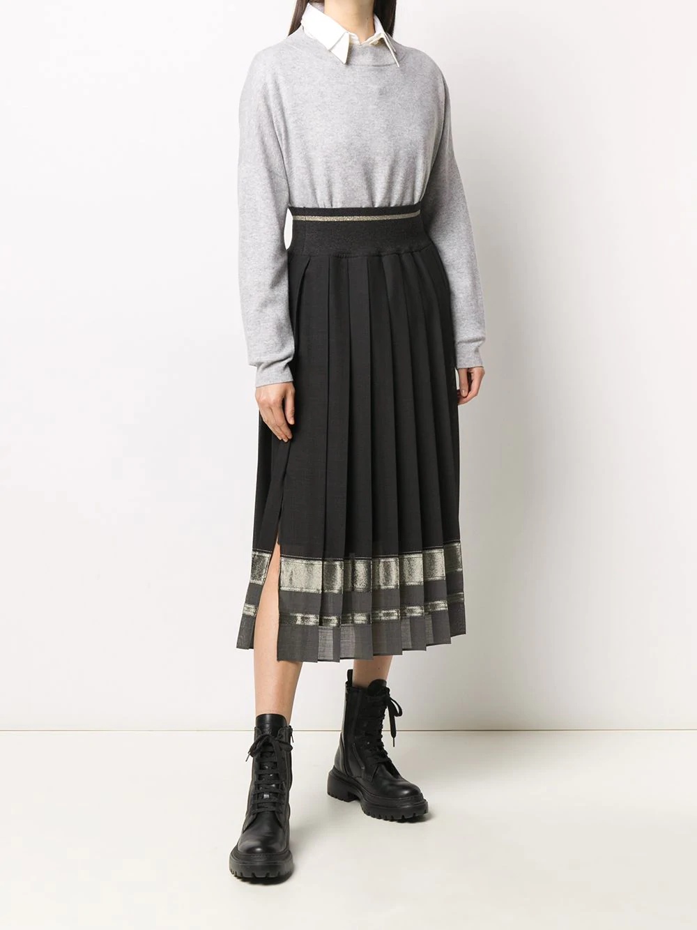 shiny stripe pleated skirt - 2