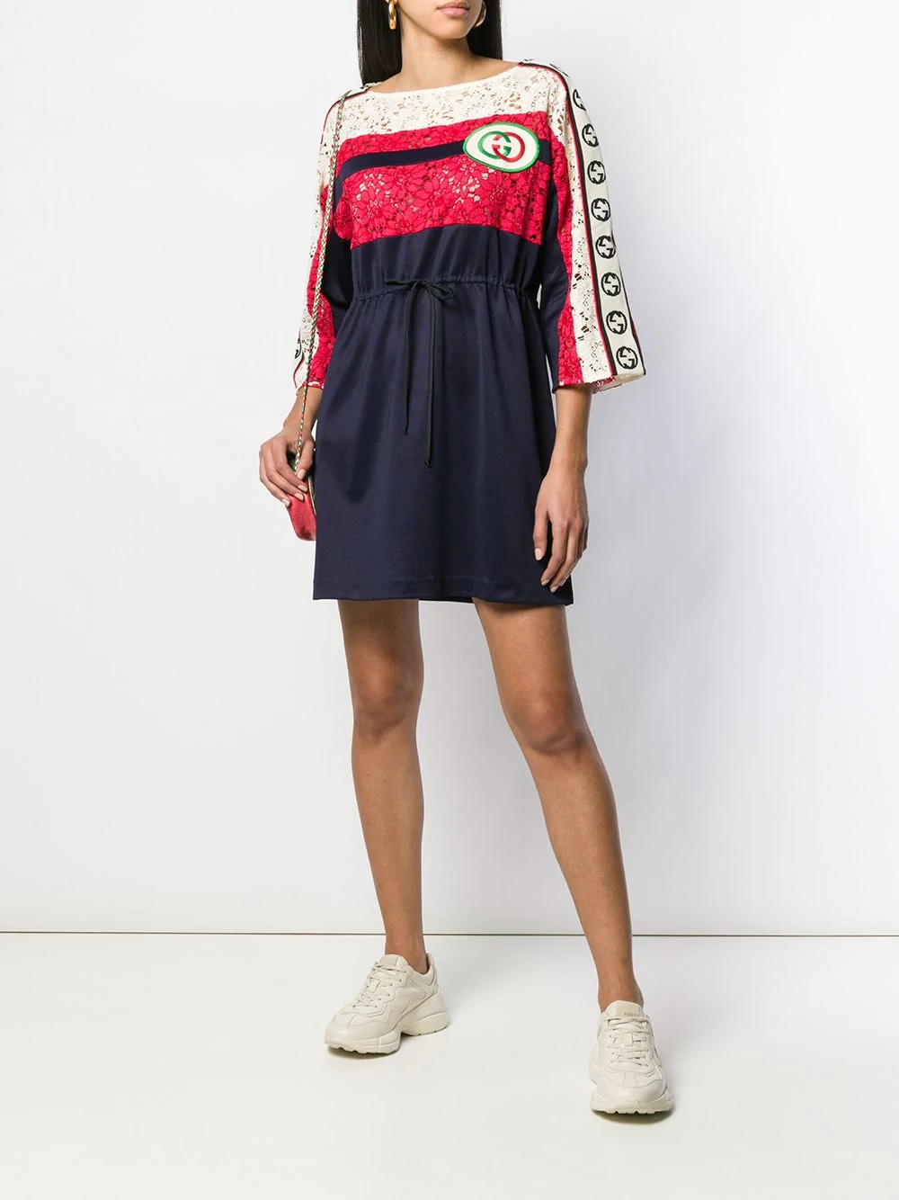 shortGG embroidered patch striped dress - 2