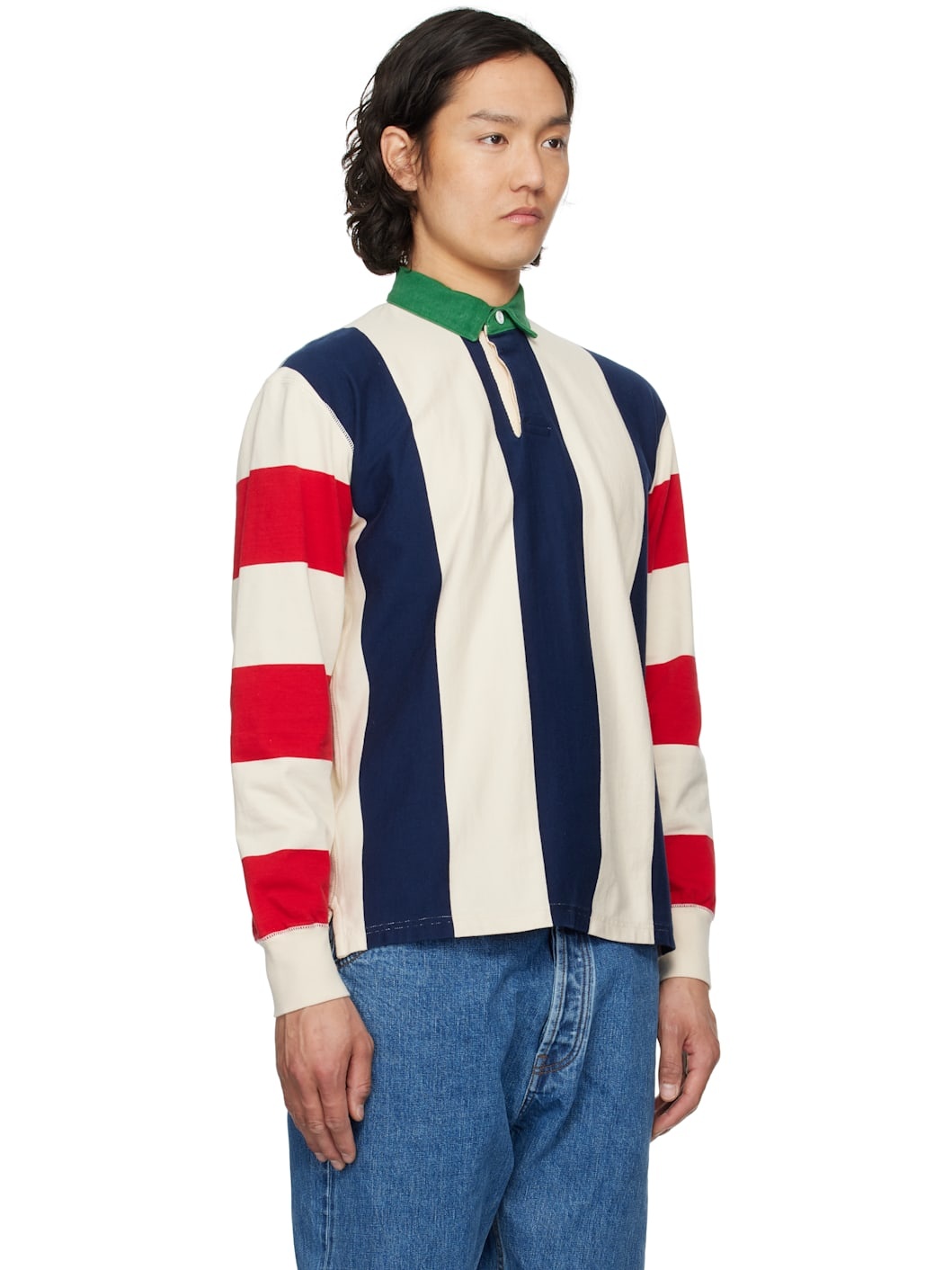 Off-White & Navy Vertical Block Stripe Cotton Rugby Polo - 2