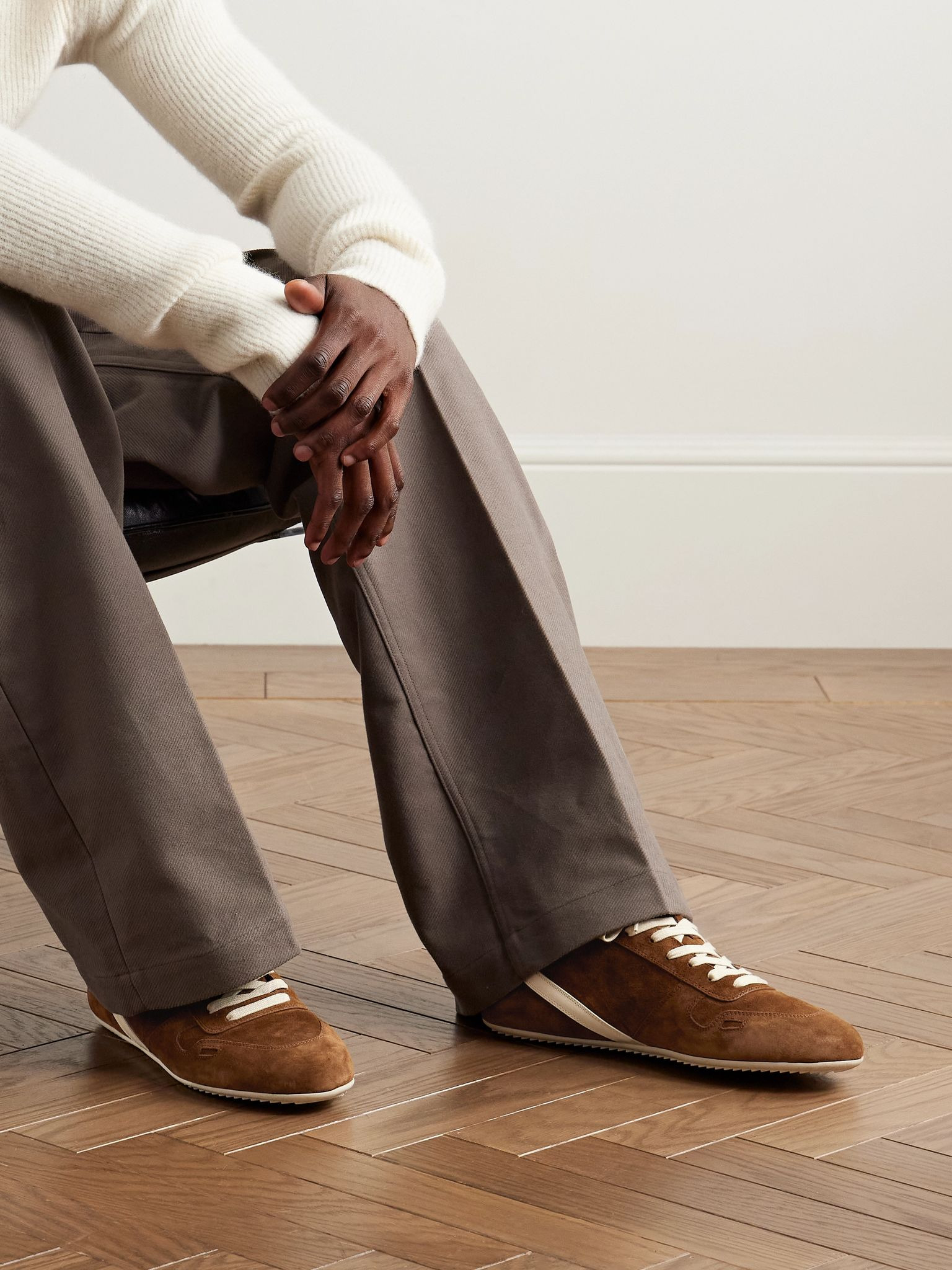 Leather-Trimmed Suede Sneakers Light brown - 2