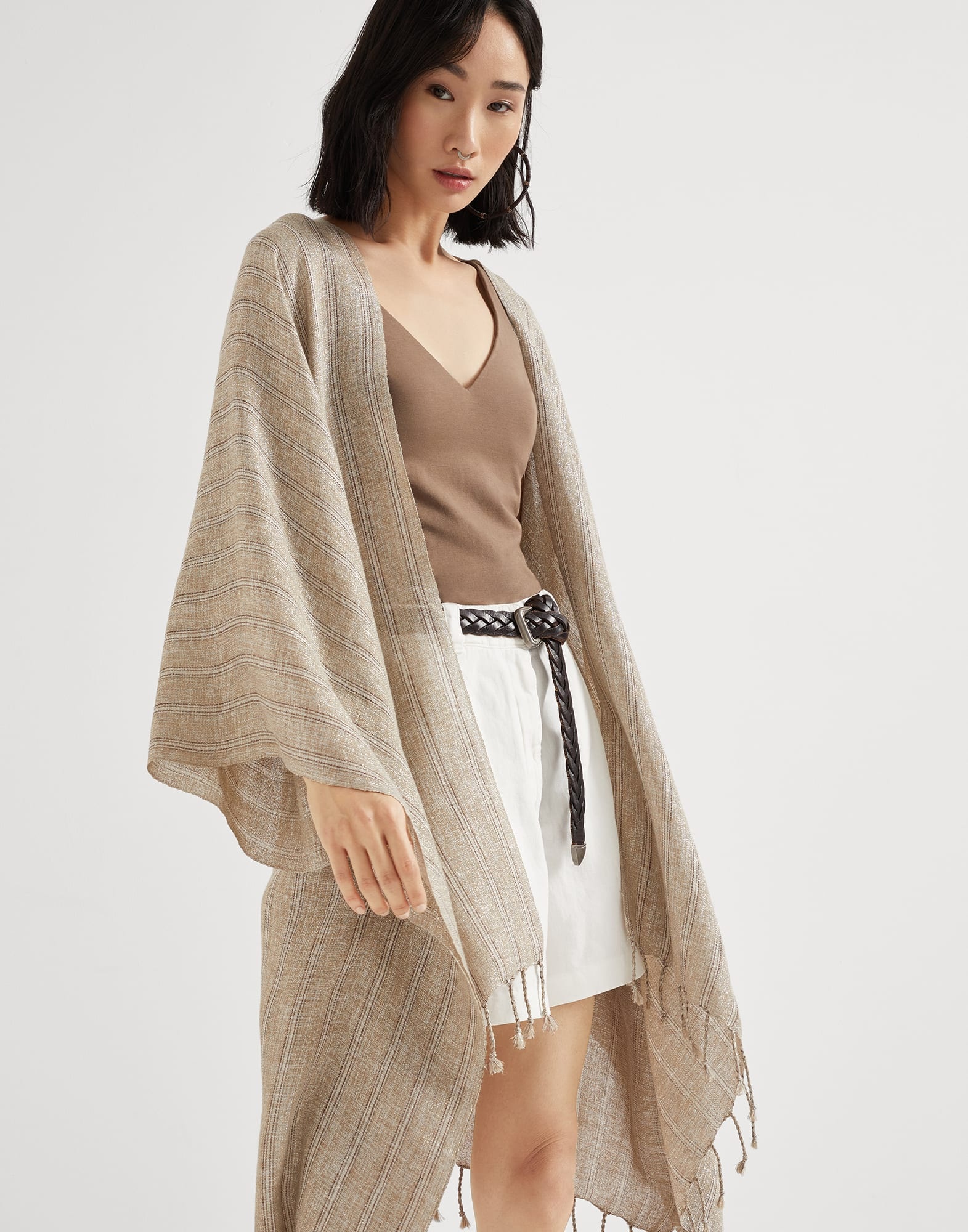 Striped sparkling linen poncho with fringe - 4