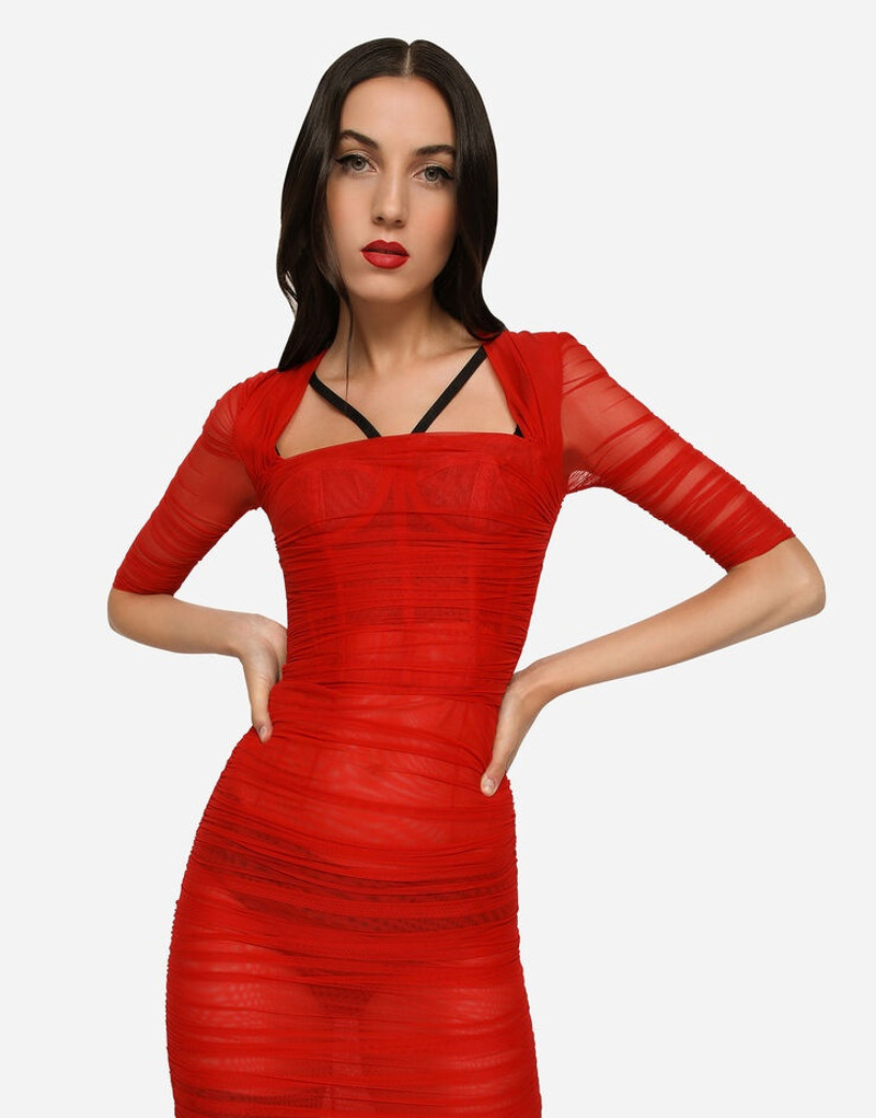 Tulle calf-length dress with draping 3