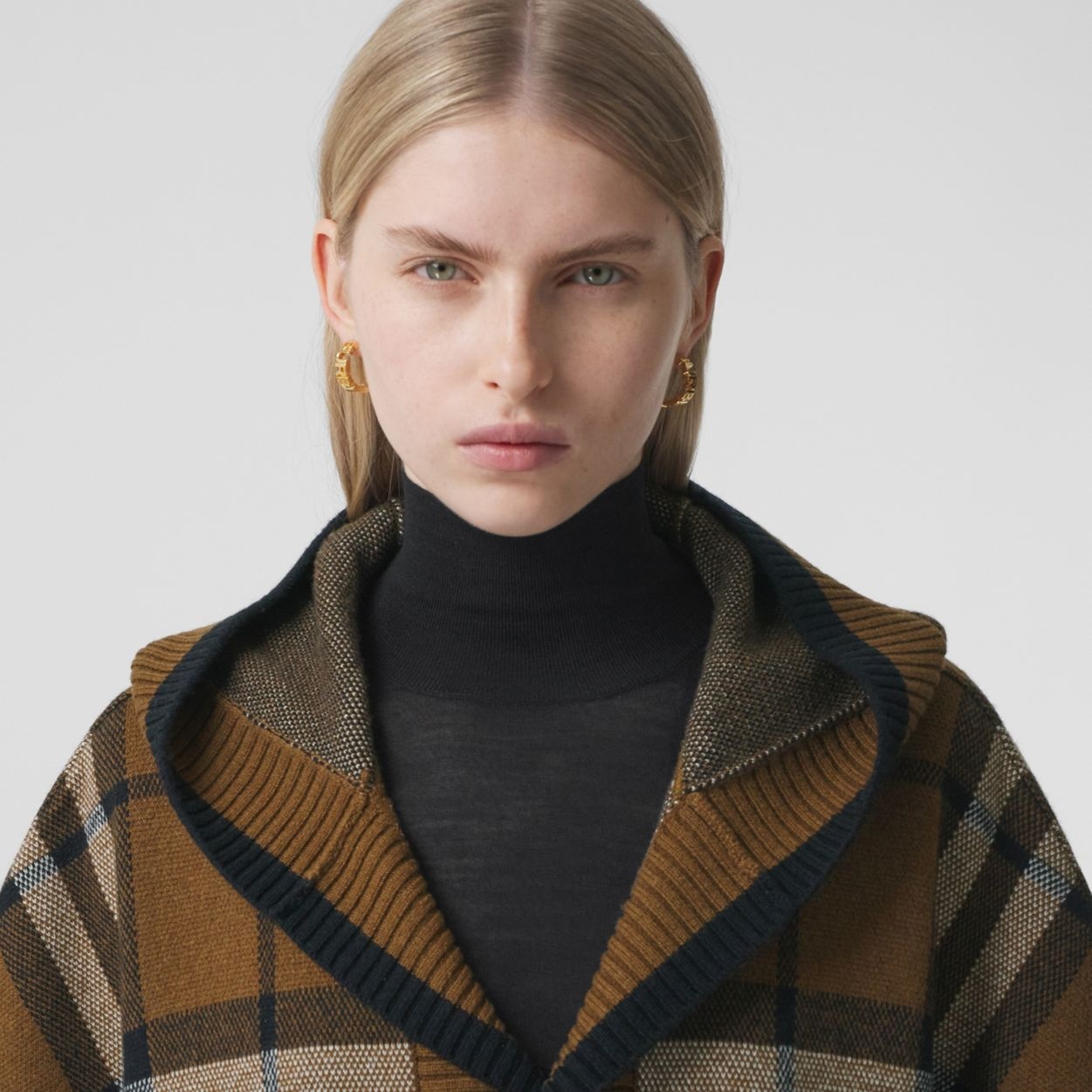 Check Wool Cashmere Blend Hooded Cape - 2