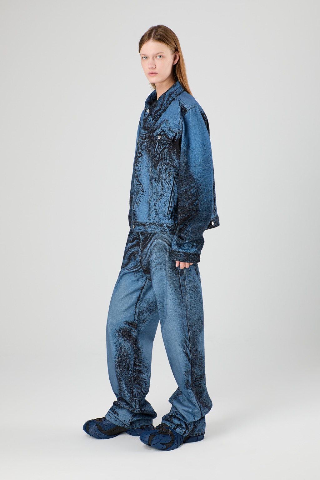 Dark Blue-Black Distorted Print Denim Jacket - 4