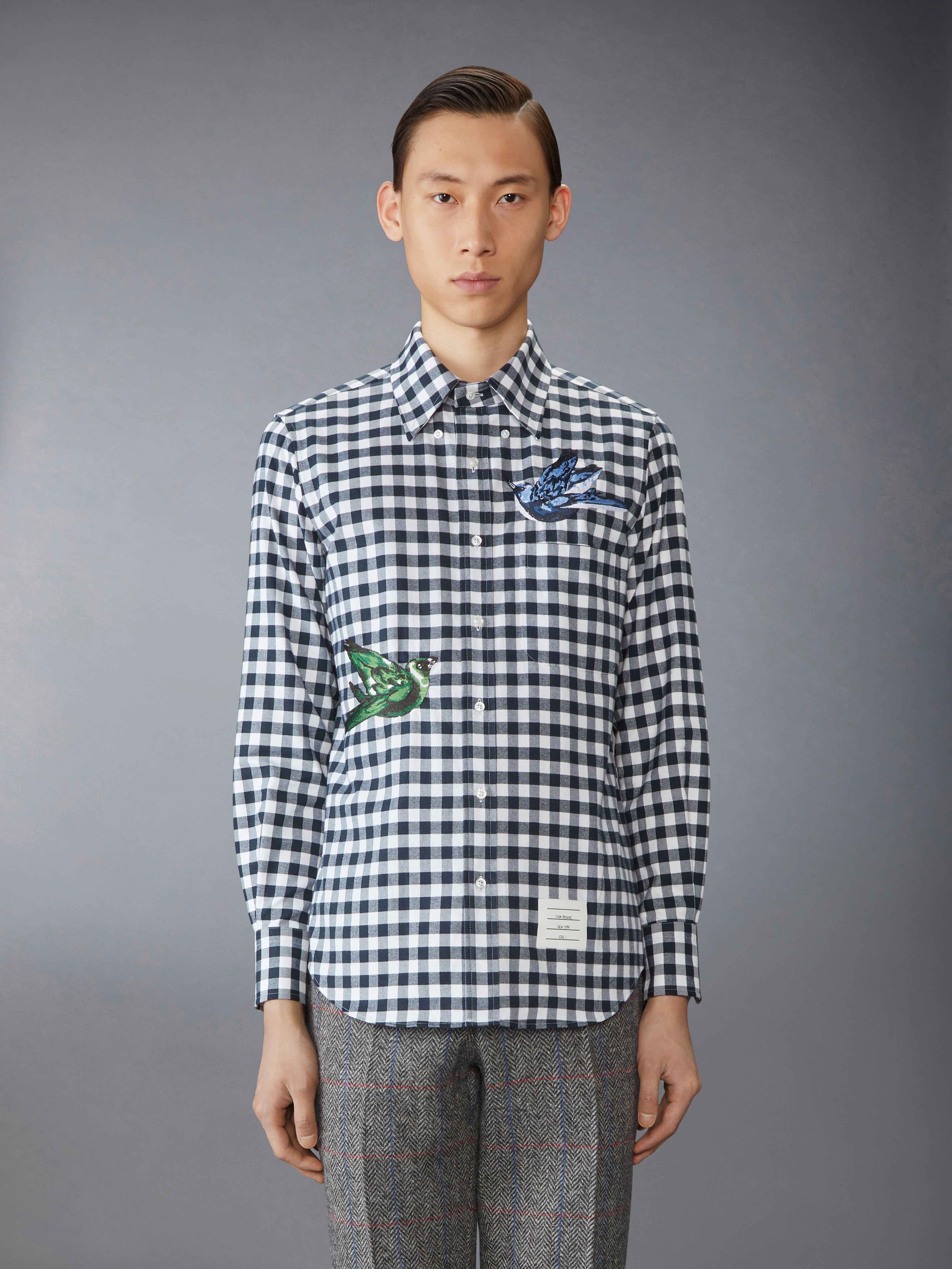 GINGHAM CHECK FLANNEL SATIN STITCH BIRDS SHIRT - 3