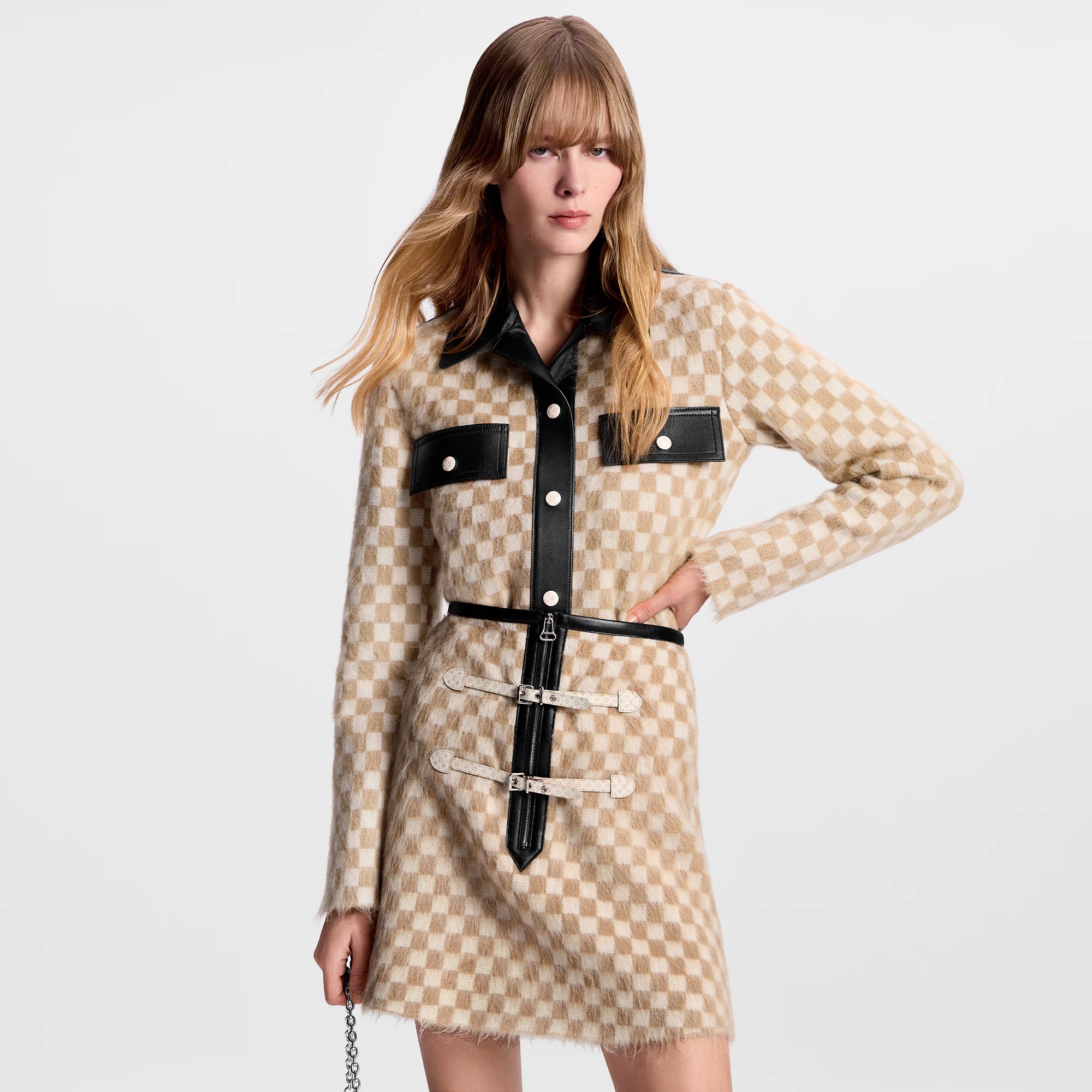 Leather Accent Damier Knit Skirt - 5