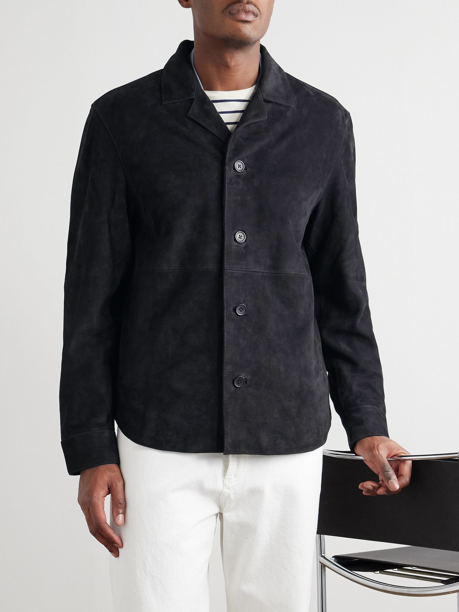 Julien Camp-Collar Suede Overshirt Navy - 3