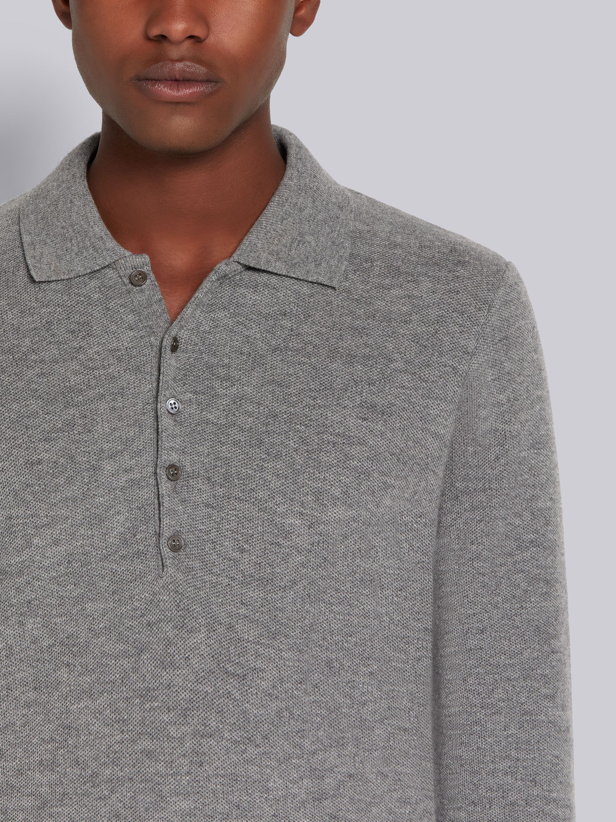 Light Grey Cashmere Pique Rib Cuff Long Sleeve Polo - 5