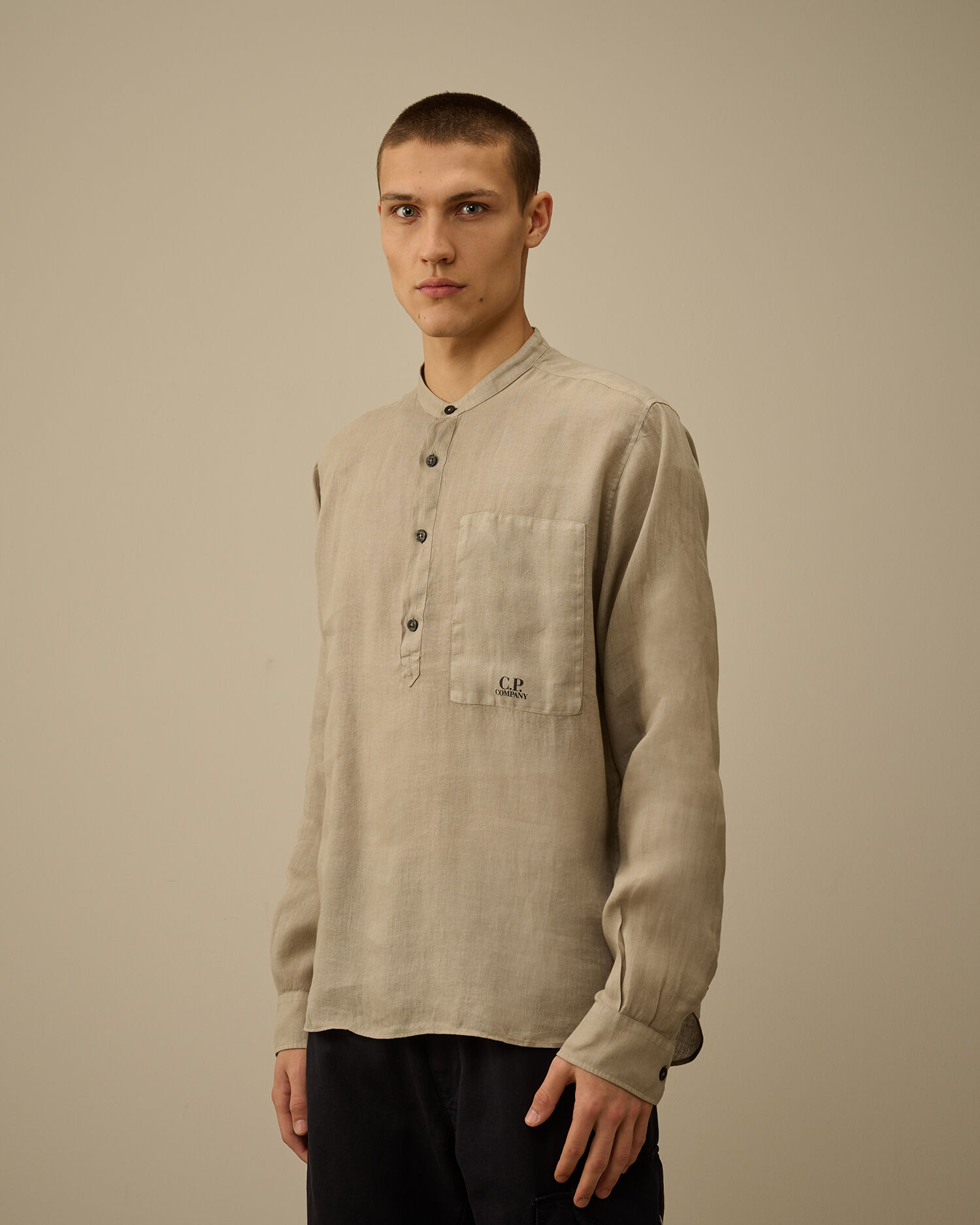 Linen Banded Collar Shirt - 3