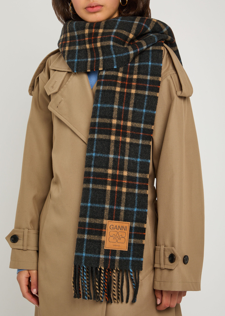 Ganni Checked Fringed Wool Scarf - 2