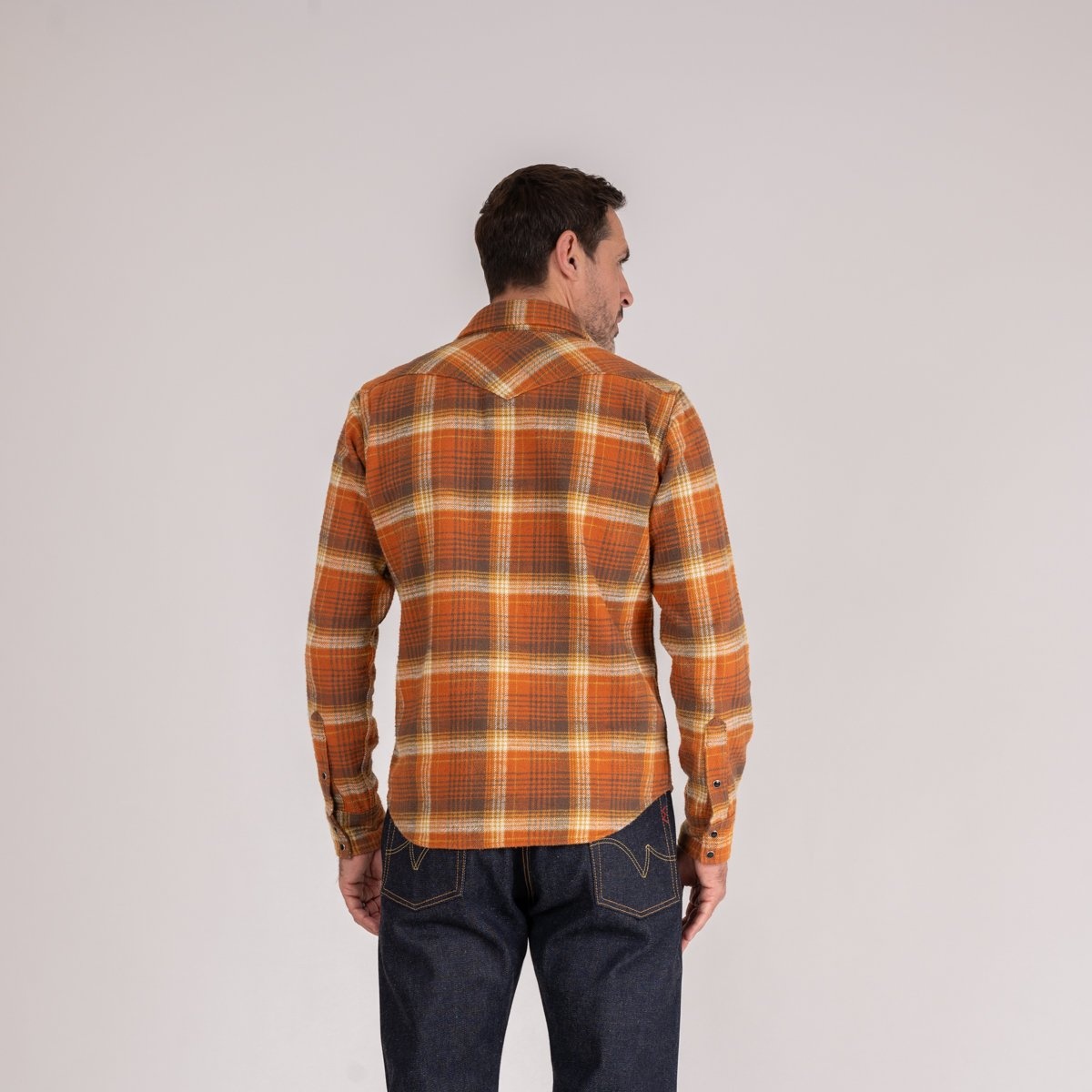IHSH-399-ORA 12oz Slubby Heavy Flannel Check Western Shirt - Orange - 3