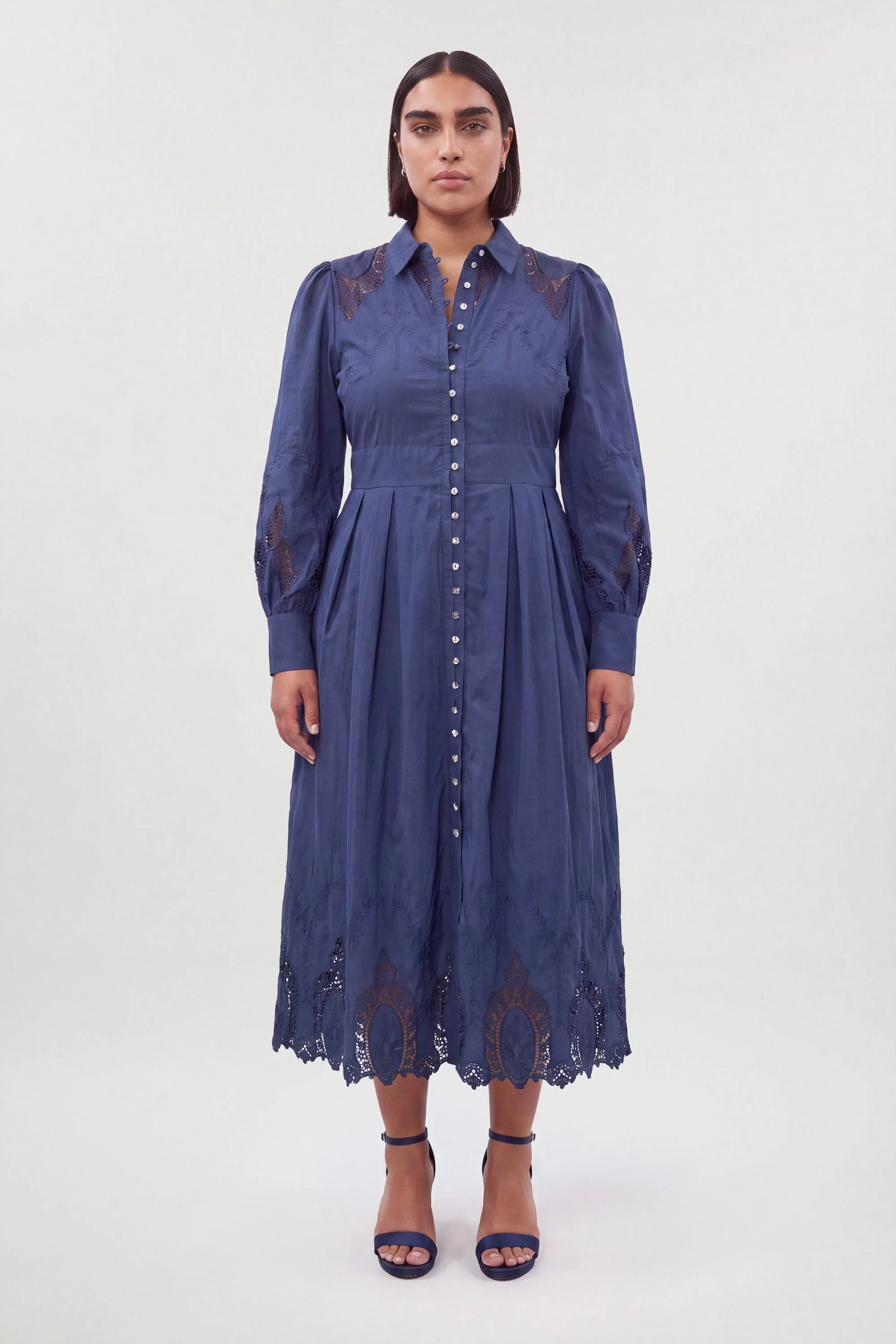 Plus Size Cotton Cutwork Balloon Sleeve Woven Midi Dress - 1