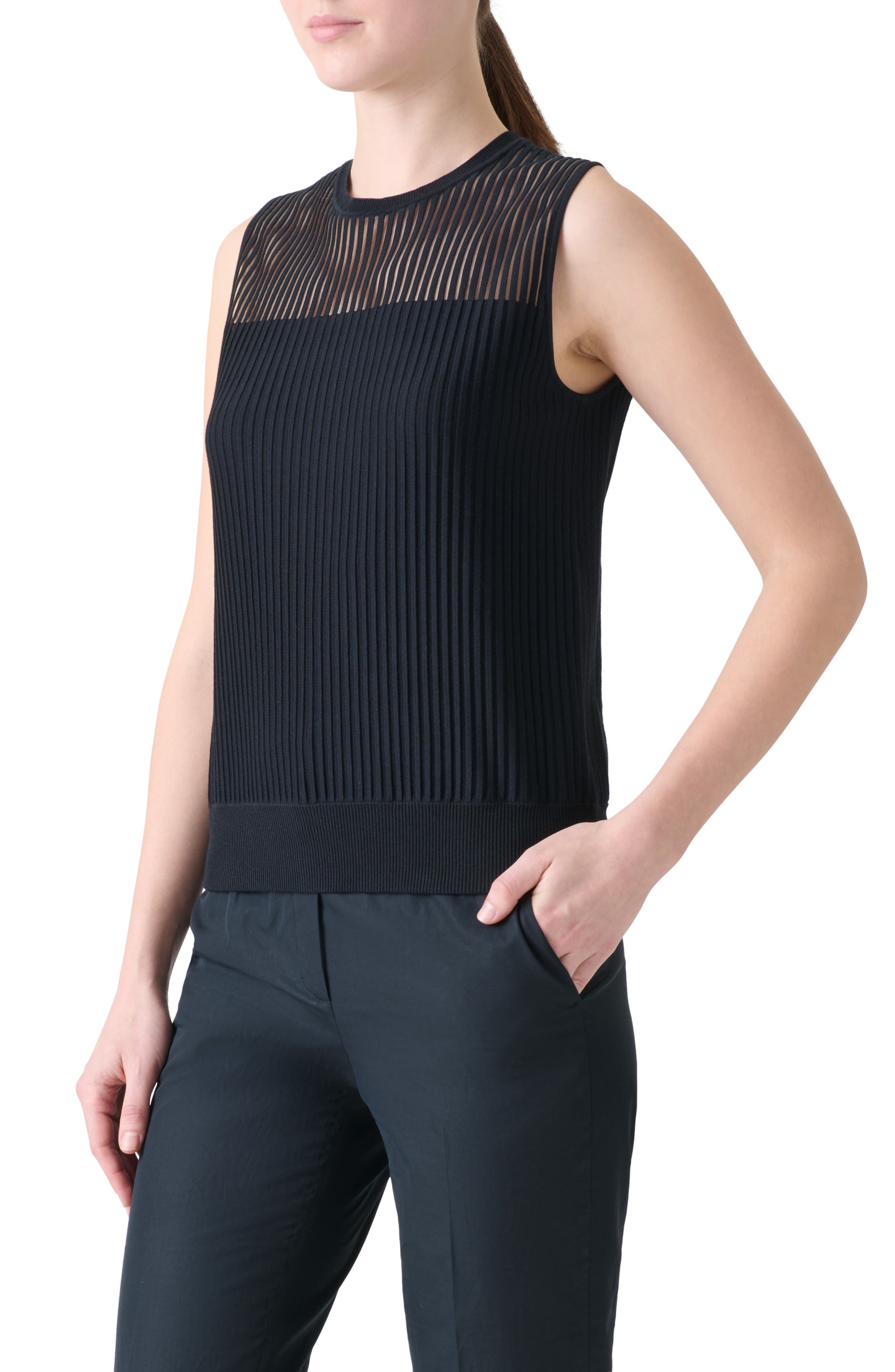 Akris Sheer Stripe Silk & Cotton Blend Sleeveless Sweater in Black at Nordstrom - 2