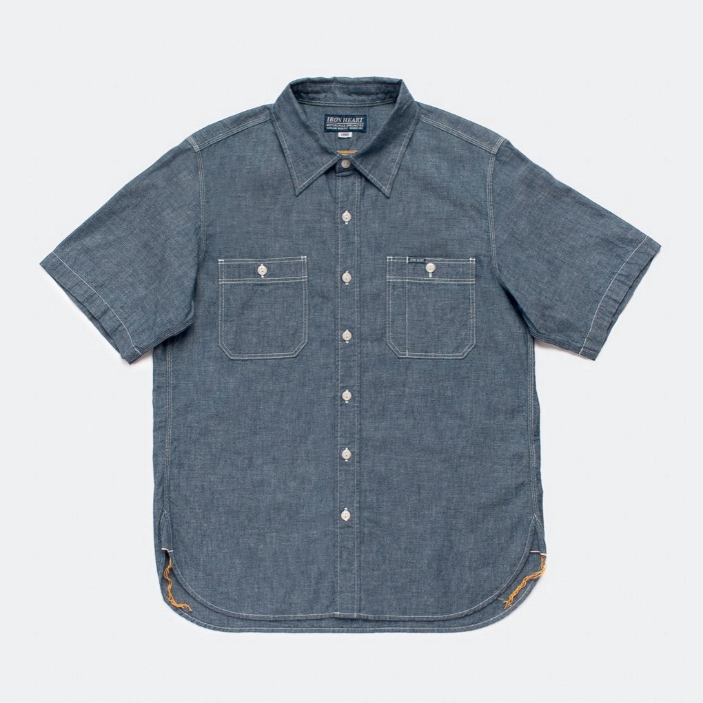 IHSH-285-IND 5.5oz Selvedge Chambray Short Sleeved Work Shirt - Indigo - 1