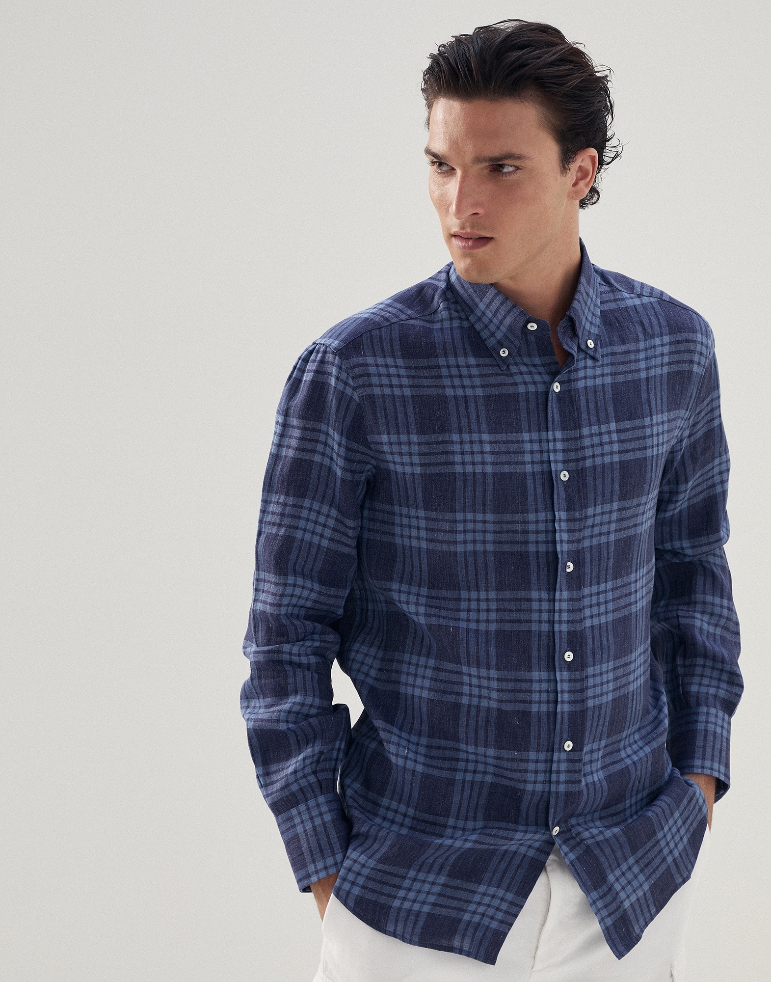 Linen tartan basic fit shirt with button-down collar - 1