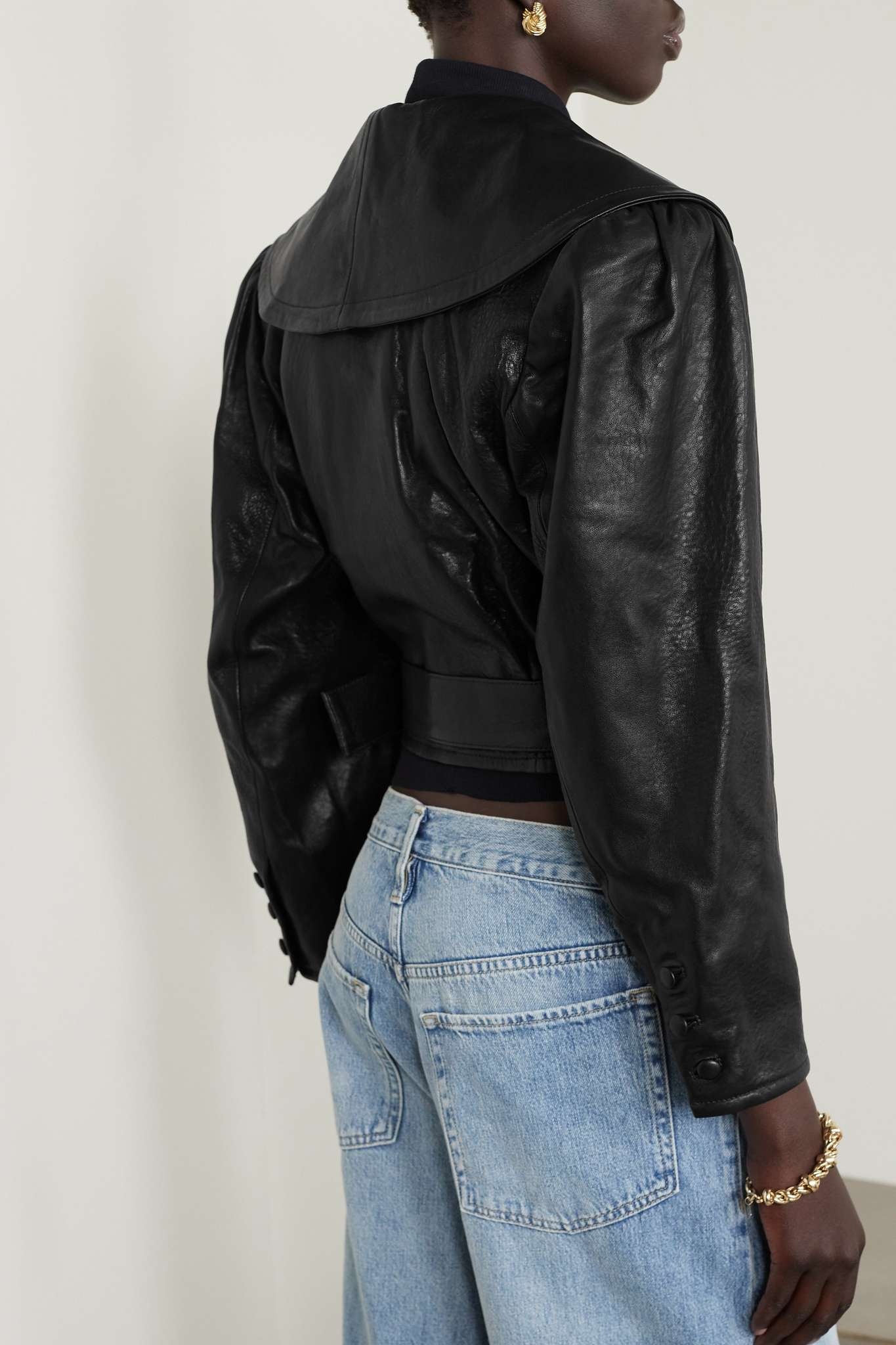 Cropped belted textured-leather jacket - 4