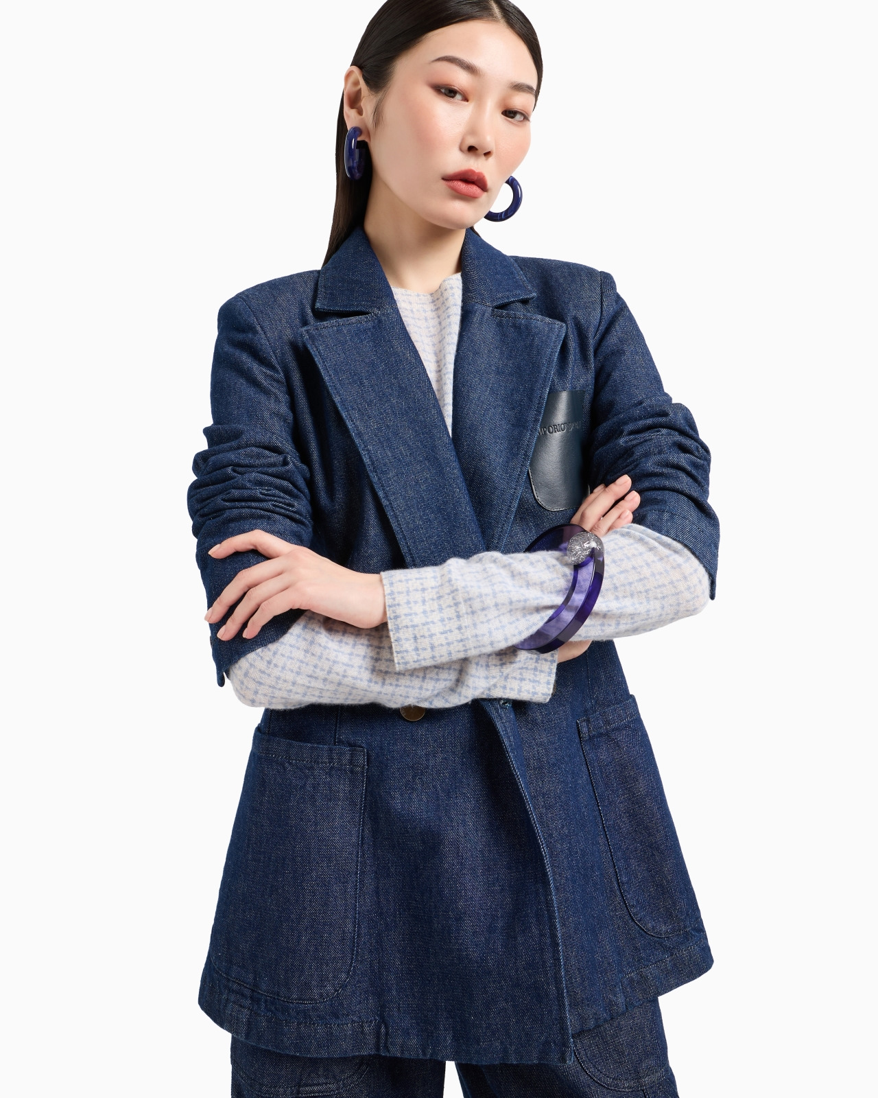 Double-breasted 11 oz denim blazer with logo leather pocket - 6