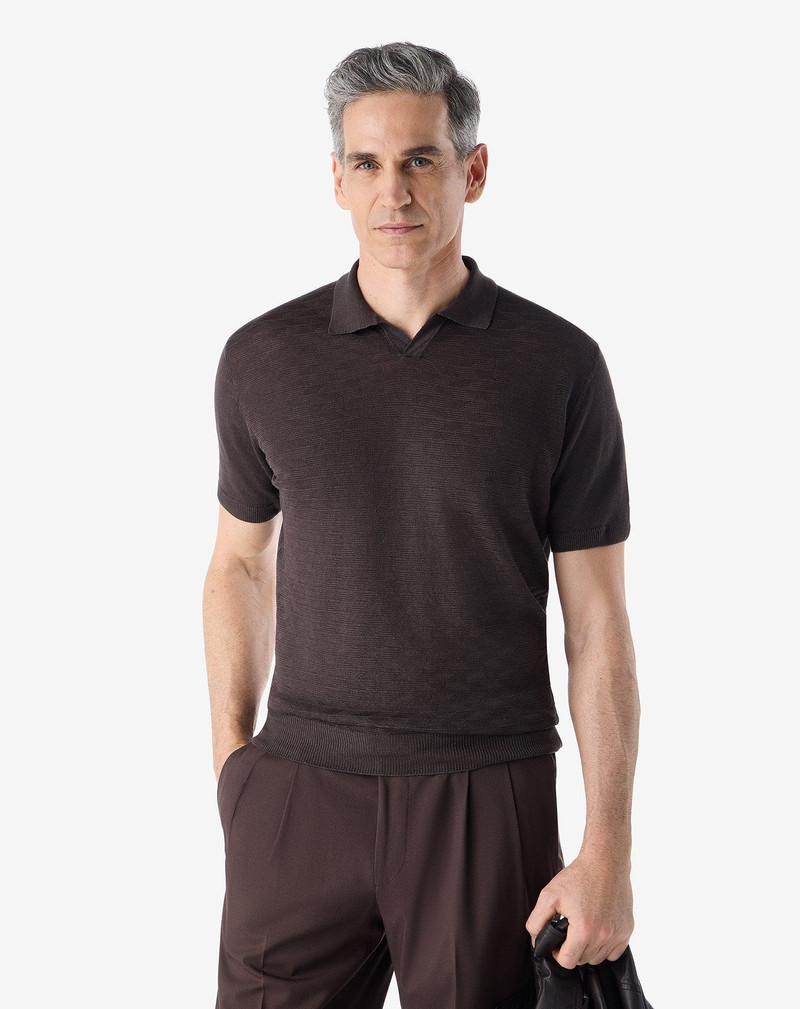 CORNELIANI Brown linen buttonless polo shirt outlook