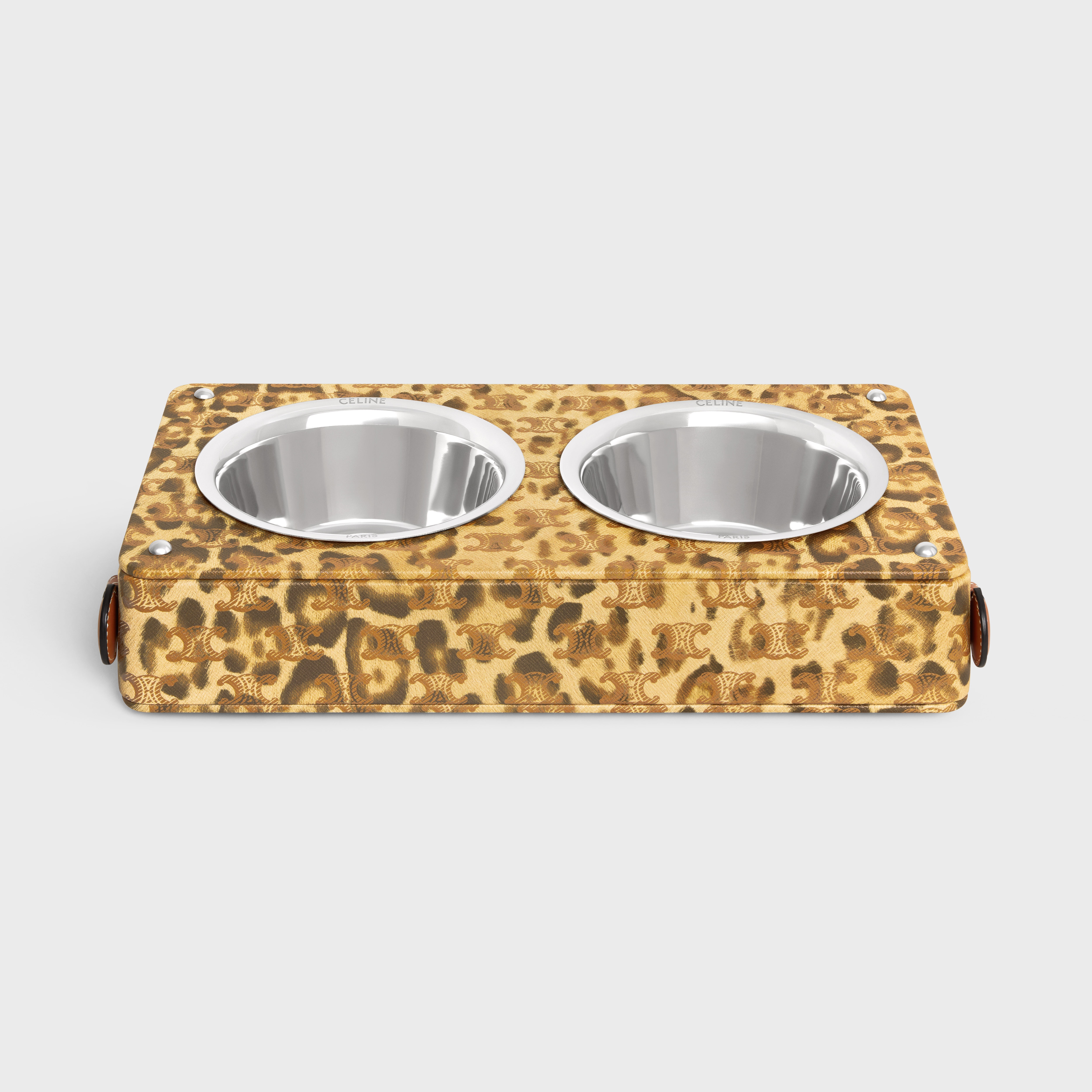 Dog bowl in lambskin with Triomphe canvas with leopard print - 1