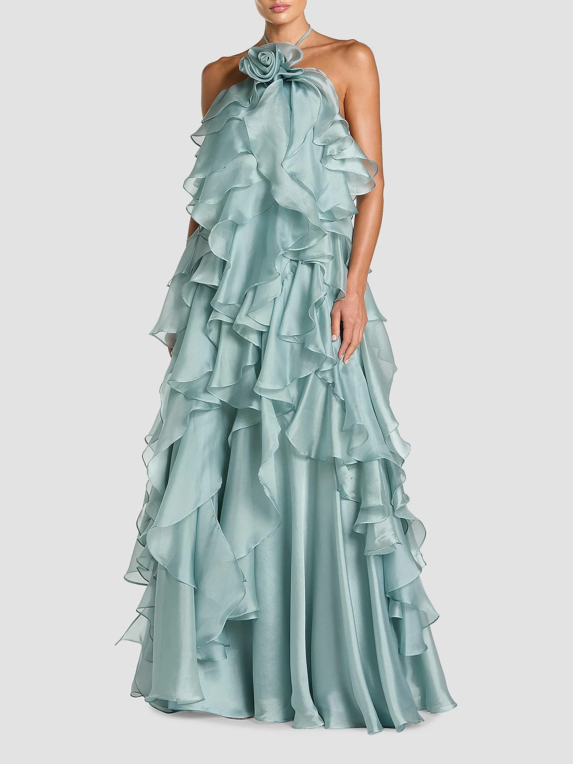 Women's Rosette Organza Trapeze Ruffle Halter Gown - Mint - 1