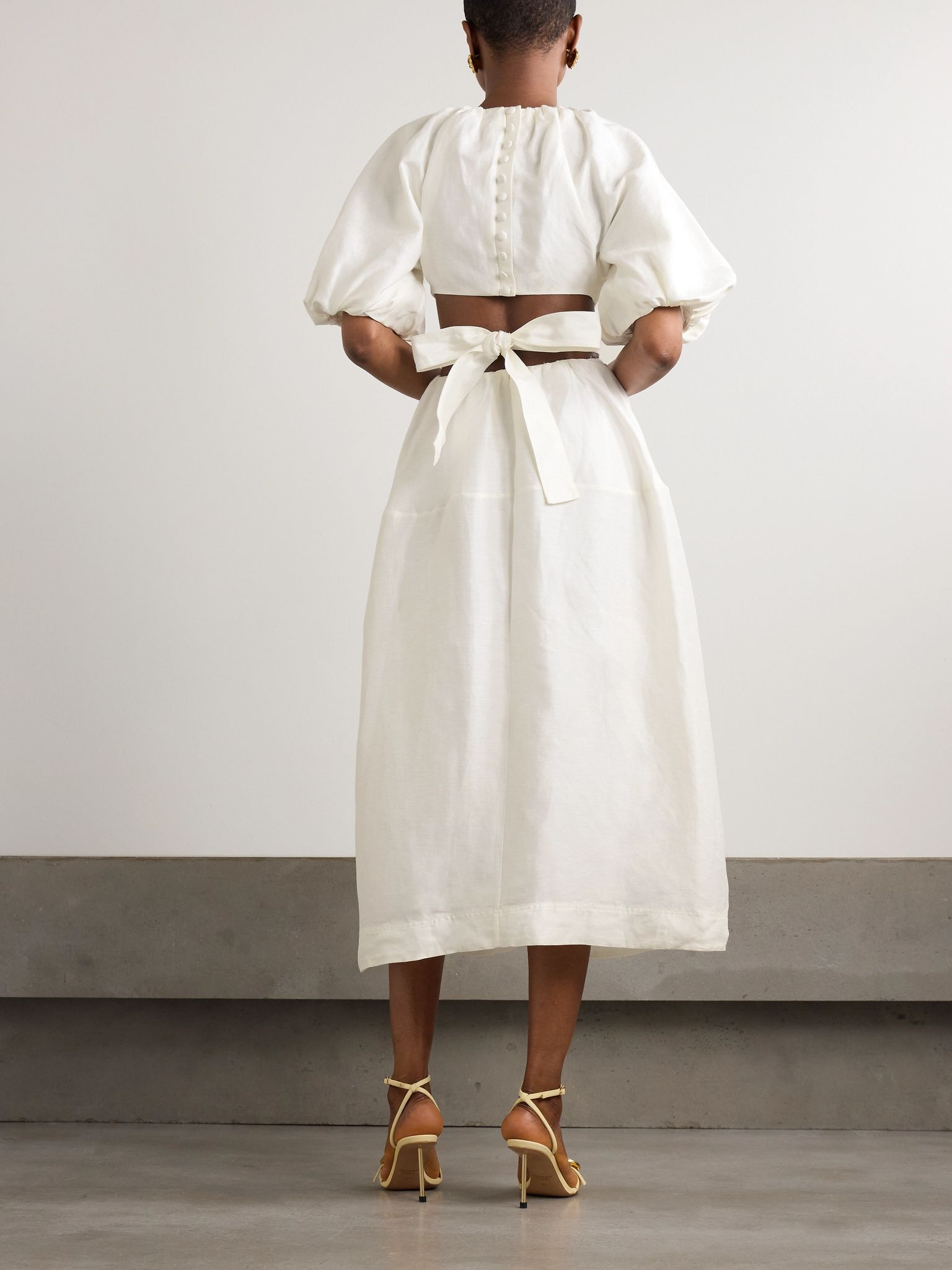 Mimosa cutout gathered linen-blend midi dress Off-white - 3