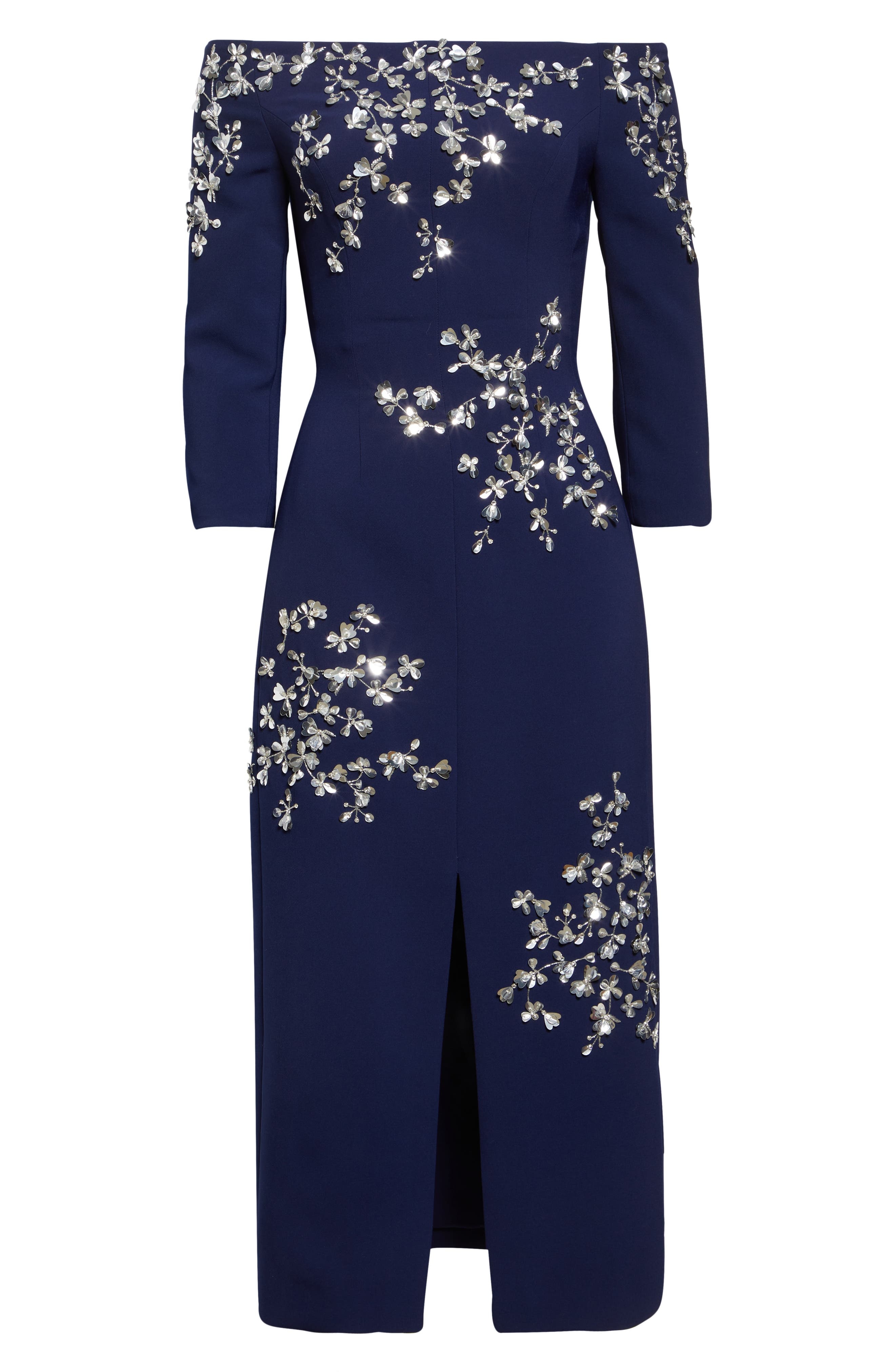 Carolina Herrera Floral Appliqué Off the Shoulder Stretch Crepe Midi Dress in Midnight at Nordstrom - 5