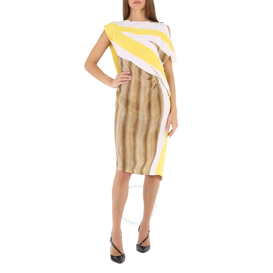 Burberry Bright Straw Graphic-Print Boat Neck Asymmetric Dress - 4