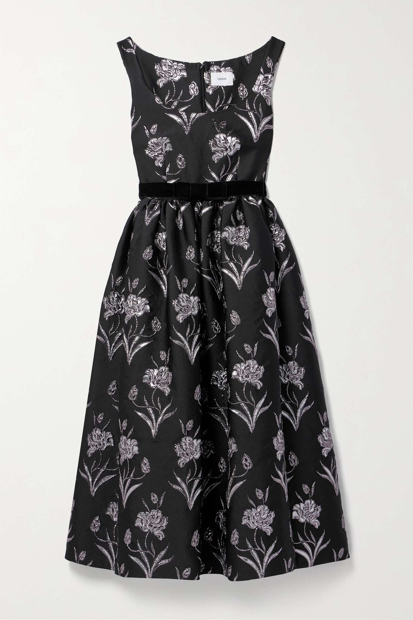 Velvet-trimmed metallic floral-jacquard midi dress - 1