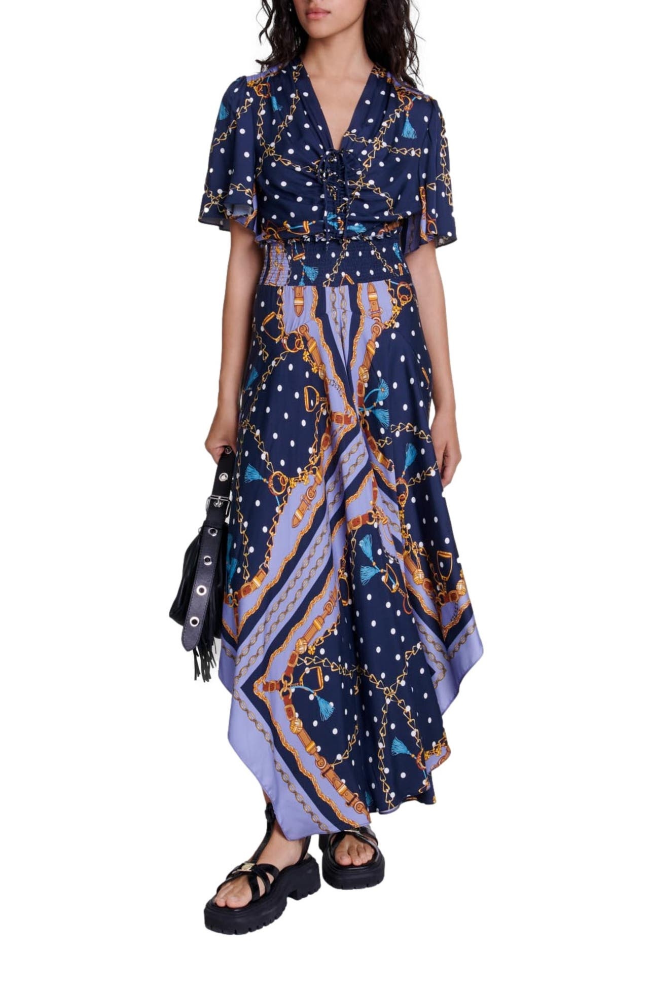 maje Satin-look patterned maxi dress in Chain Scarf Print Blue at Nordstrom - 1