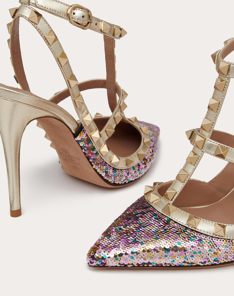 ROCKSTUD PUMP WITH SEQUIN EMBROIDERY AND STRAPS 100MM 5