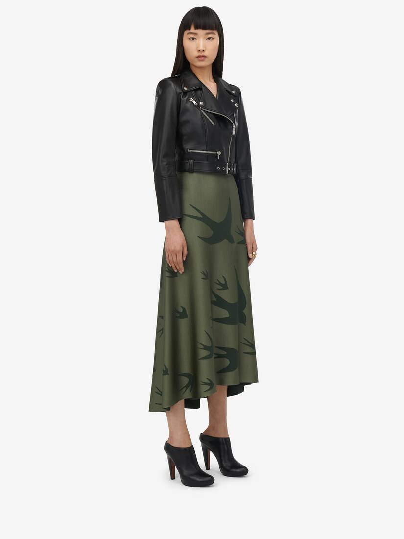 Women's Swallow Jacquard Midi Skirt in Khaki - 3