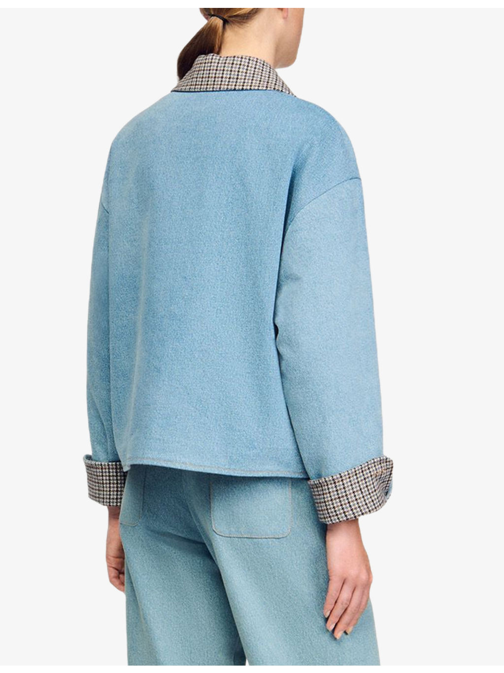 Checked-Collar Patch-Pocket Denim Jacket - 4